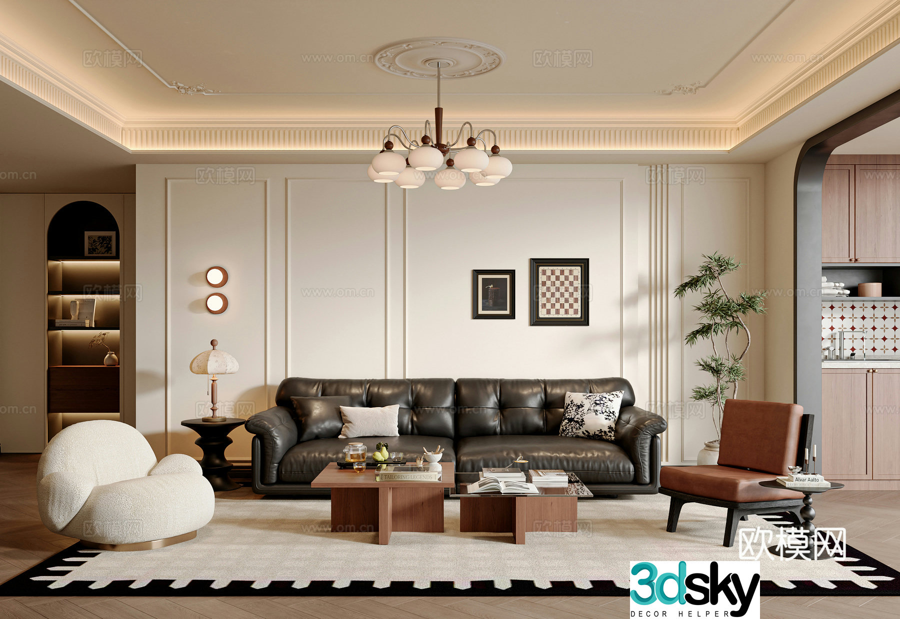 French medieval style living room sofa and coffee table combination leisure chair chandeliers potted plants desk lamps 3D model