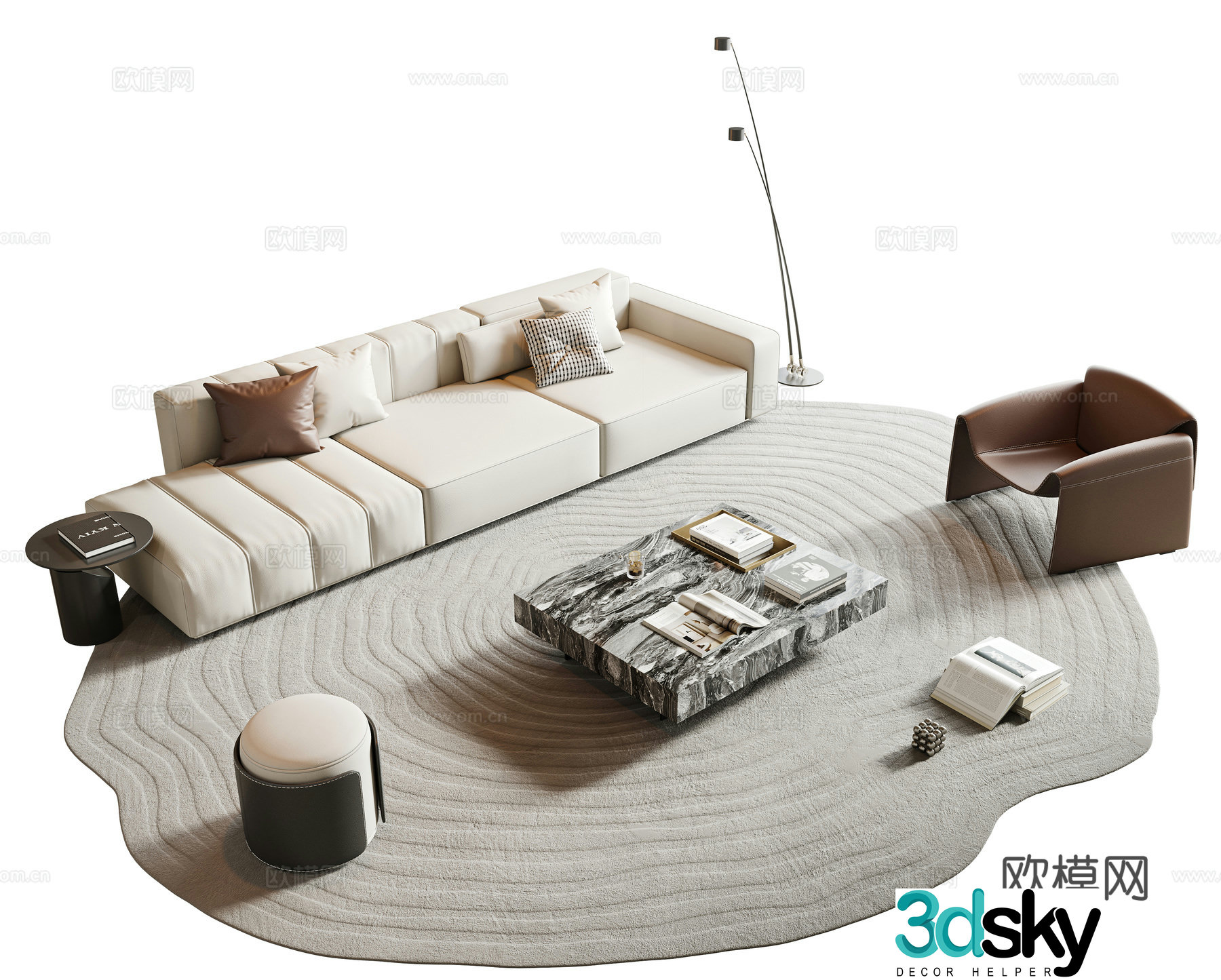 Italian minimalist sofa coffee table combination beige sofa multi-person sofa leather sofa combination sofa 3D model