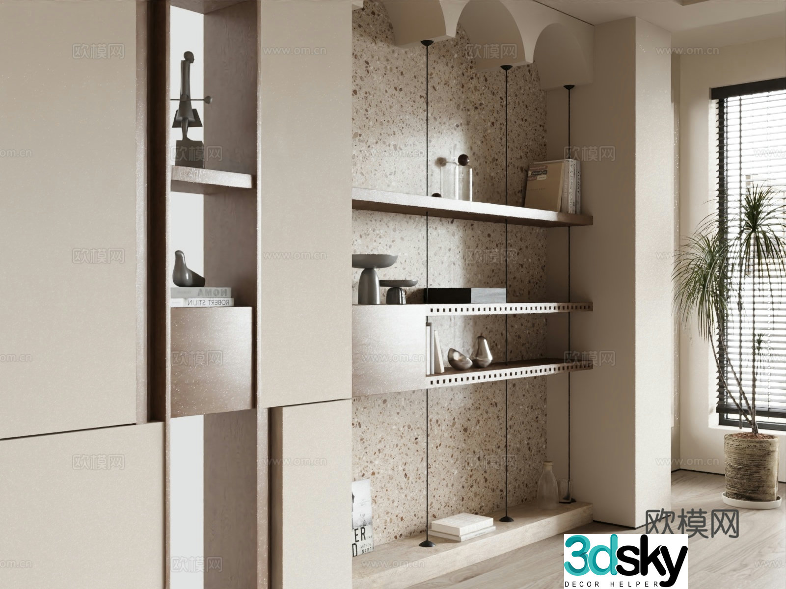 Modern Cream Bookcase Background Wall Decoration Cabinet 3D Model