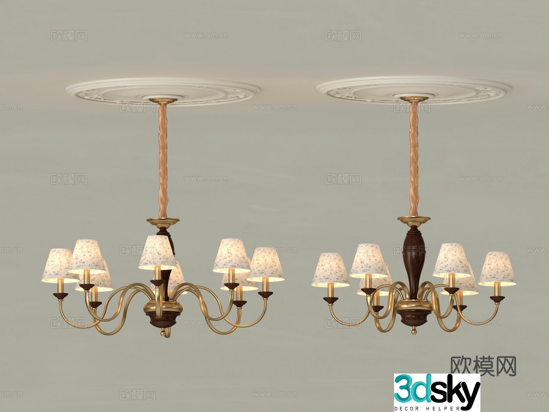 Middle-aged chandeliers living room and bedroom chandeliers cloth cover copper chandeliers American simple chandeliers copper plus wood bend 3D model