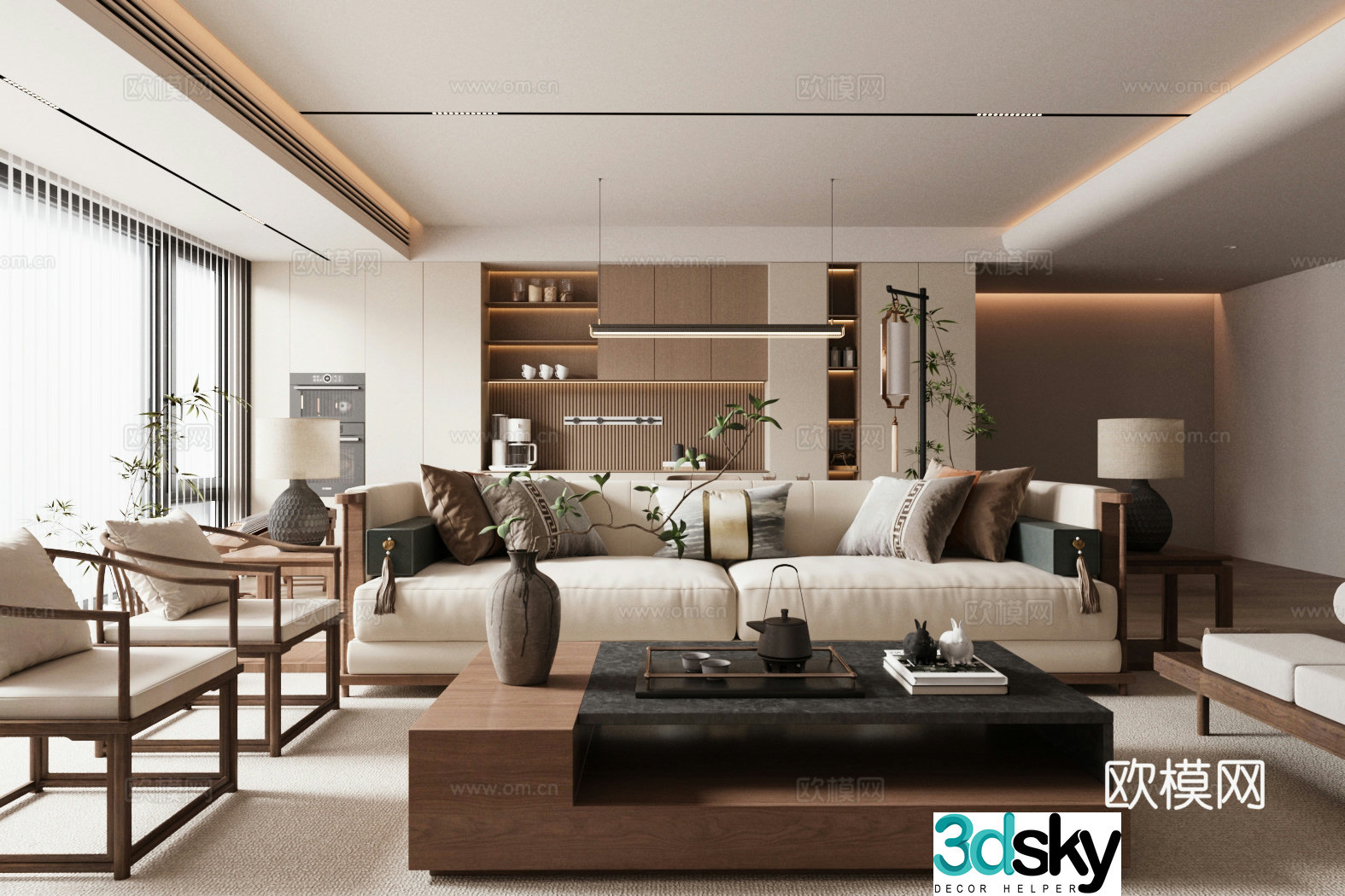 New Chinese-style home living room horizontal living room design sofa coffee table combination living room without owner light 3D model