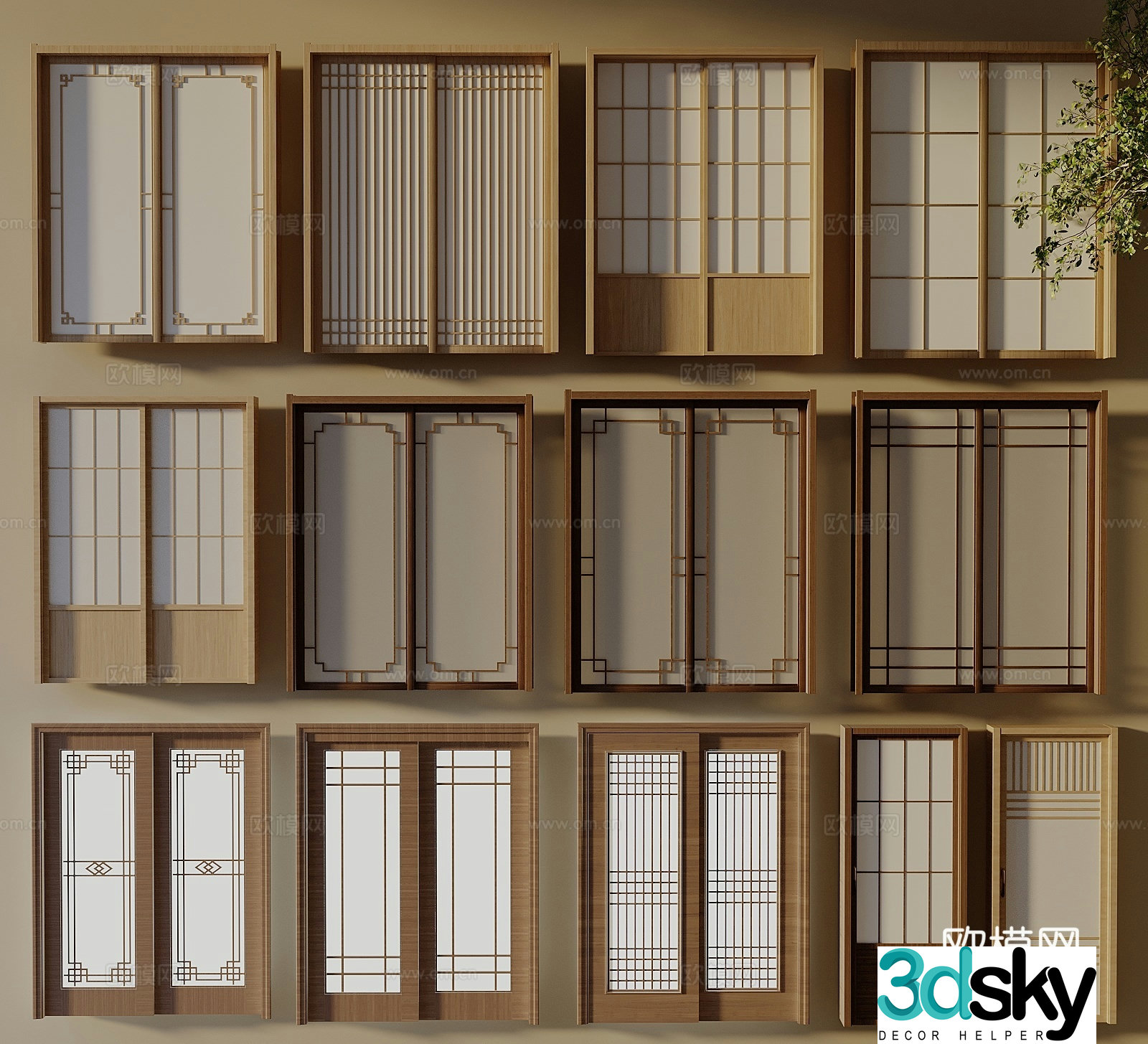 Song style log wind sliding door sliding door wooden Japanese sliding door 3D model