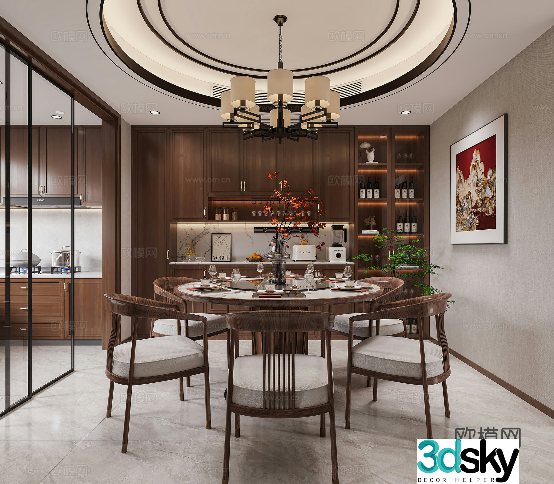New Chinese restaurant wine cabinet round dining table villa New Chinese living restaurant kitchen Song style 3D model