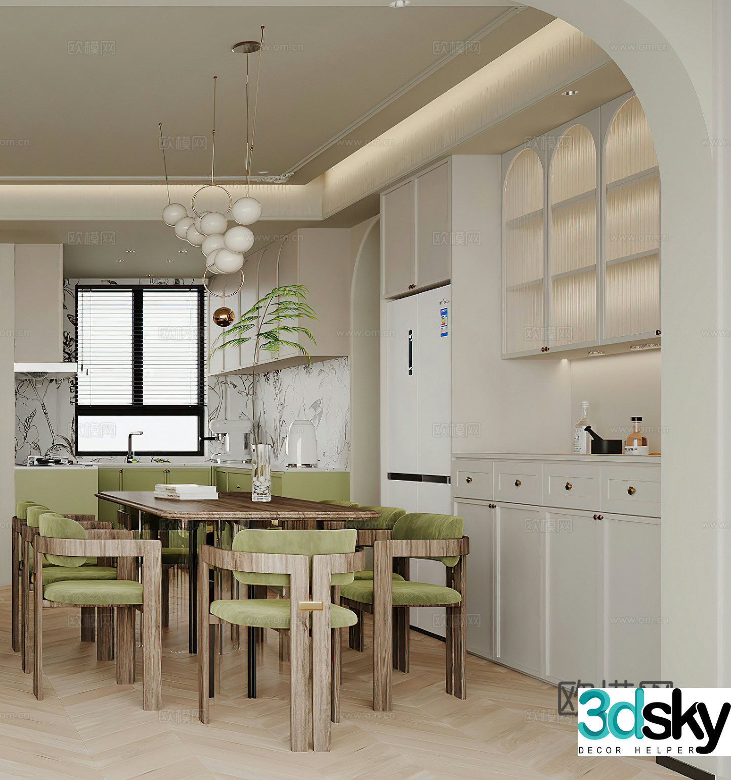 French restaurant dining table kitchen wine cabinet modern restaurant simple chandeliers creamy restaurant 3d model