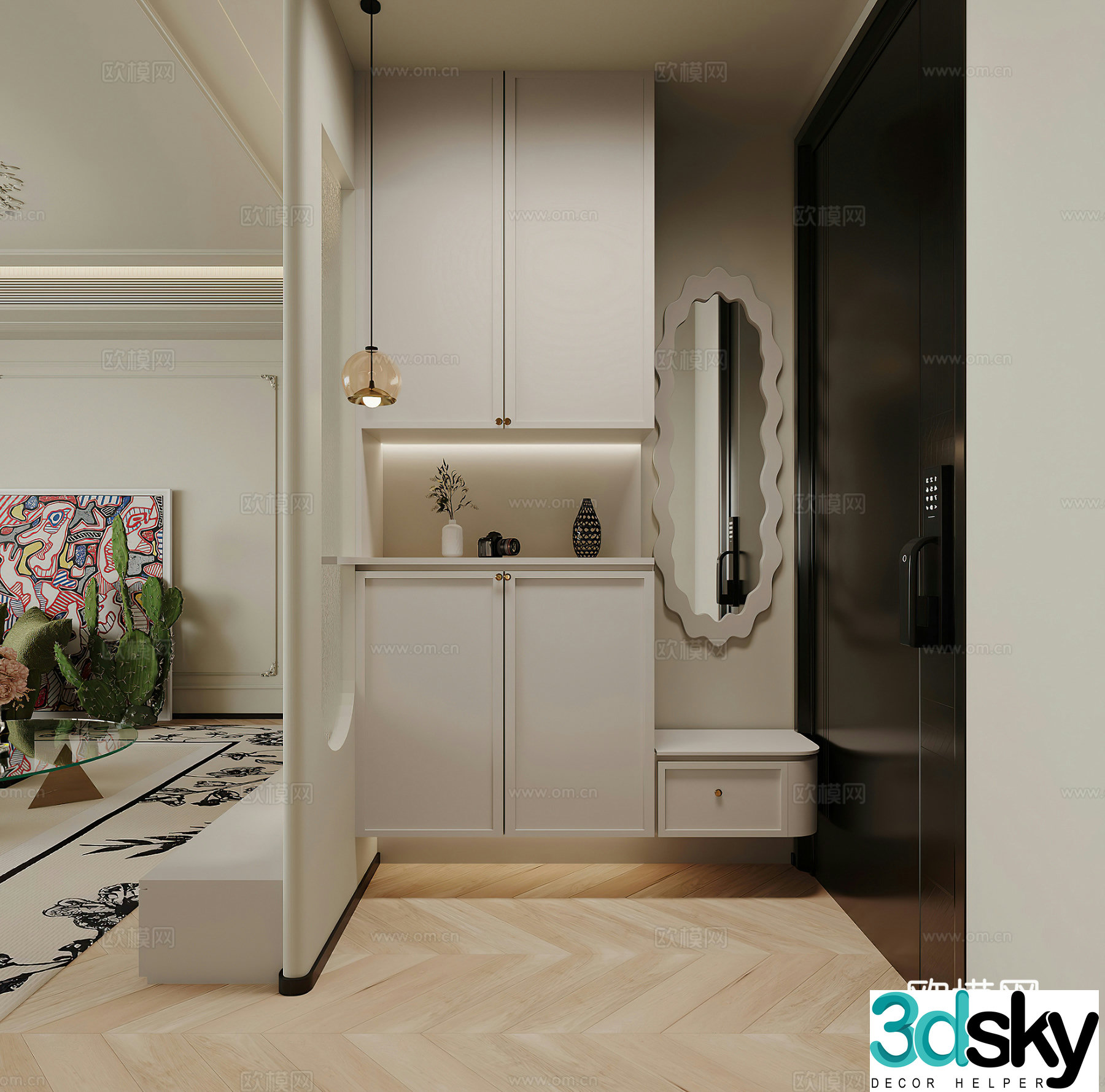 French shoe cabinet modern shoe cabinet full-body mirror cream style shoe cabinet entrance door simple cream 3d model