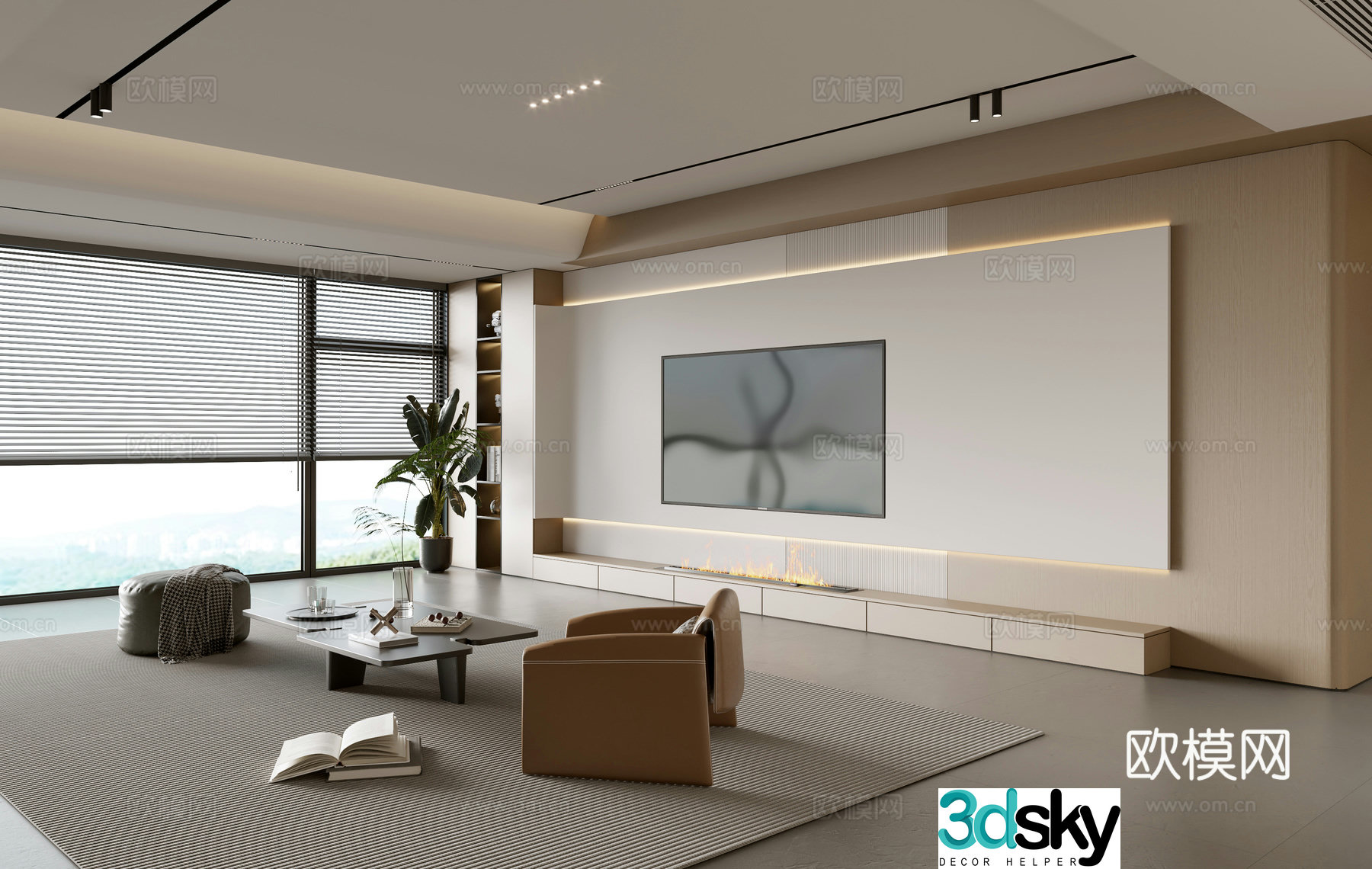 Modern simple living room balcony cabinet sofa combination coffee table sofa background wall 3d model