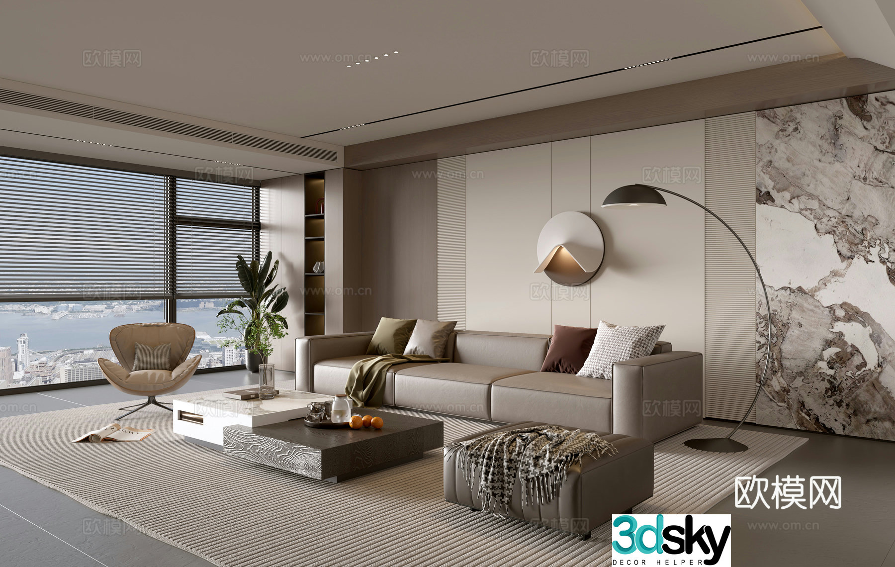 Modern Italian living room light luxury sofa coffee table combination sofa background wall balcony cabinet 3D model