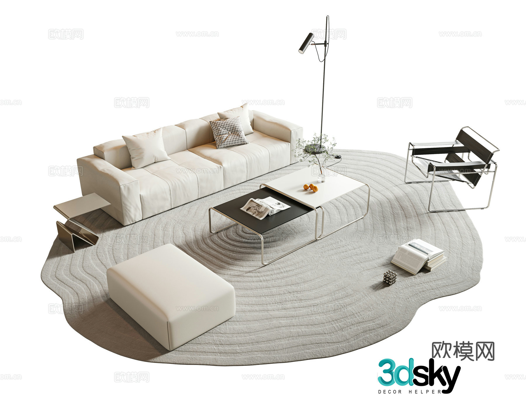 Italian minimalist sofa coffee table combination beige sofa multi-person sofa leather sofa combination sofa 3D model