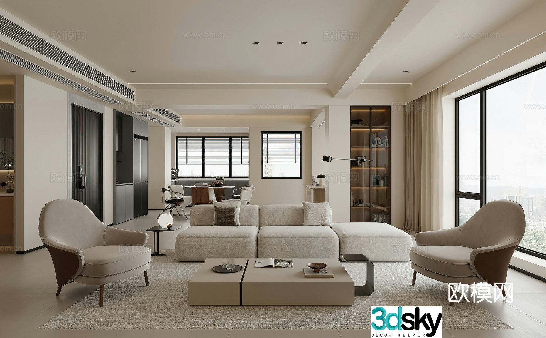 Modern living and dining room combination sofa leisure chair floor lamp cream style casual sofa 3d model