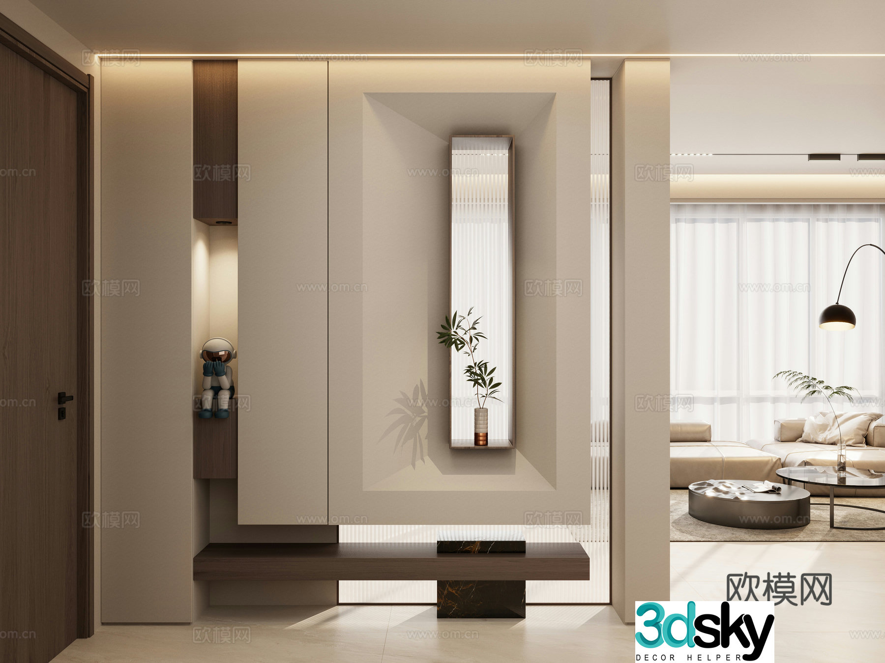 Italian simple transparent view Changhong glass one-line light sofa living room entrance 3D model