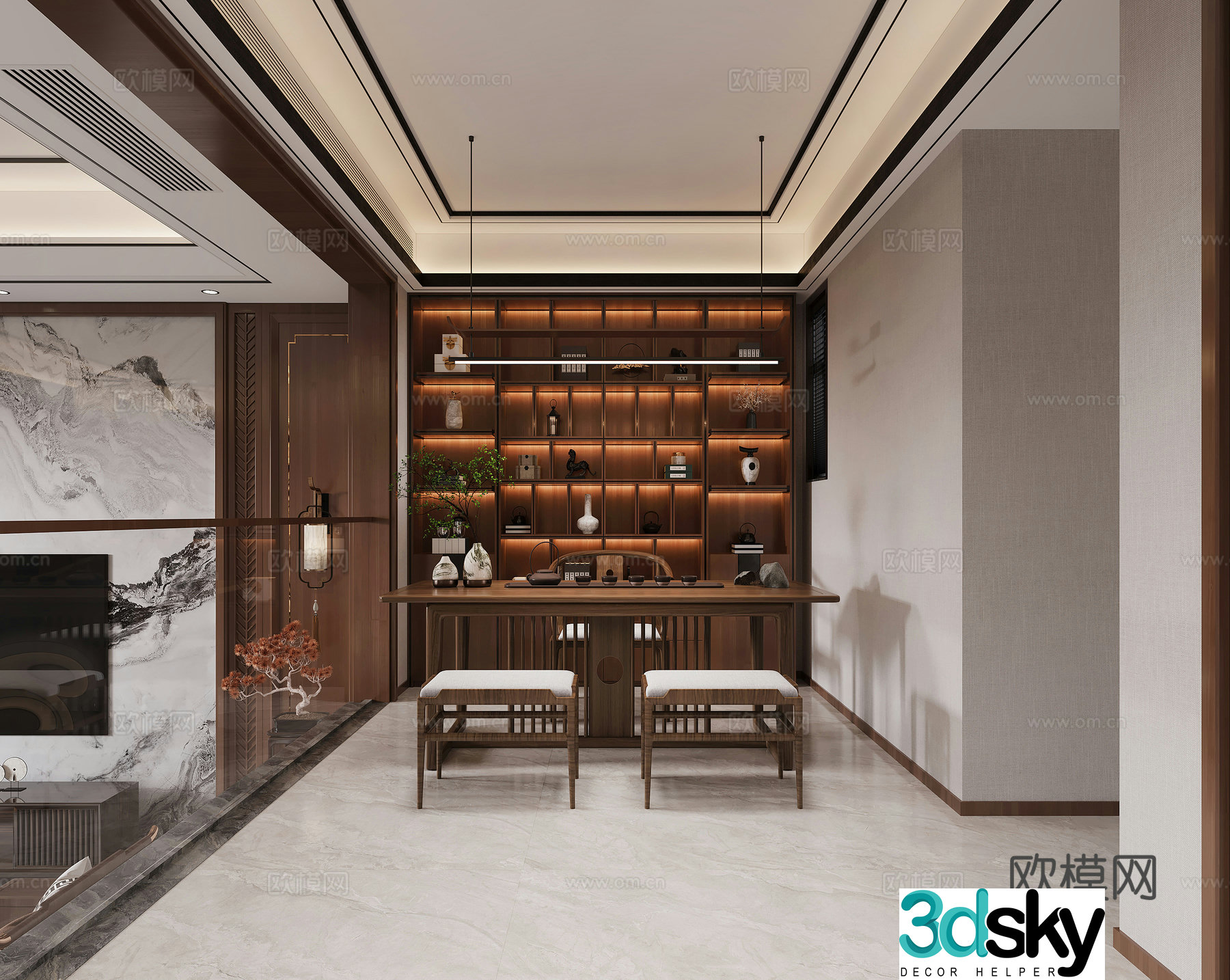 New Chinese style tea room teahouse tea table office study chandelier 3d model