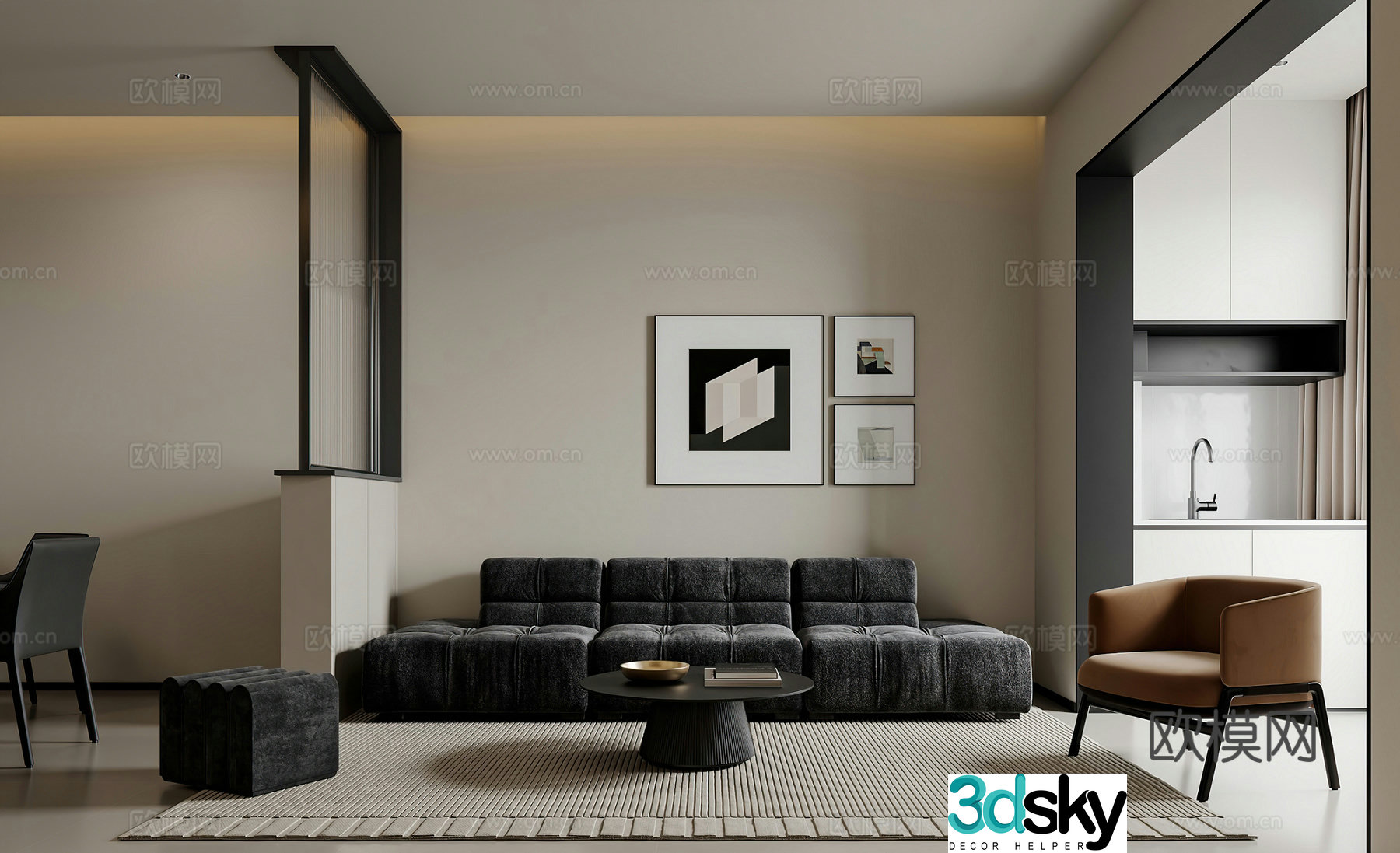 Italian living room modern living room combination sofa leisure chair modern living dining room simple black and white 3d model