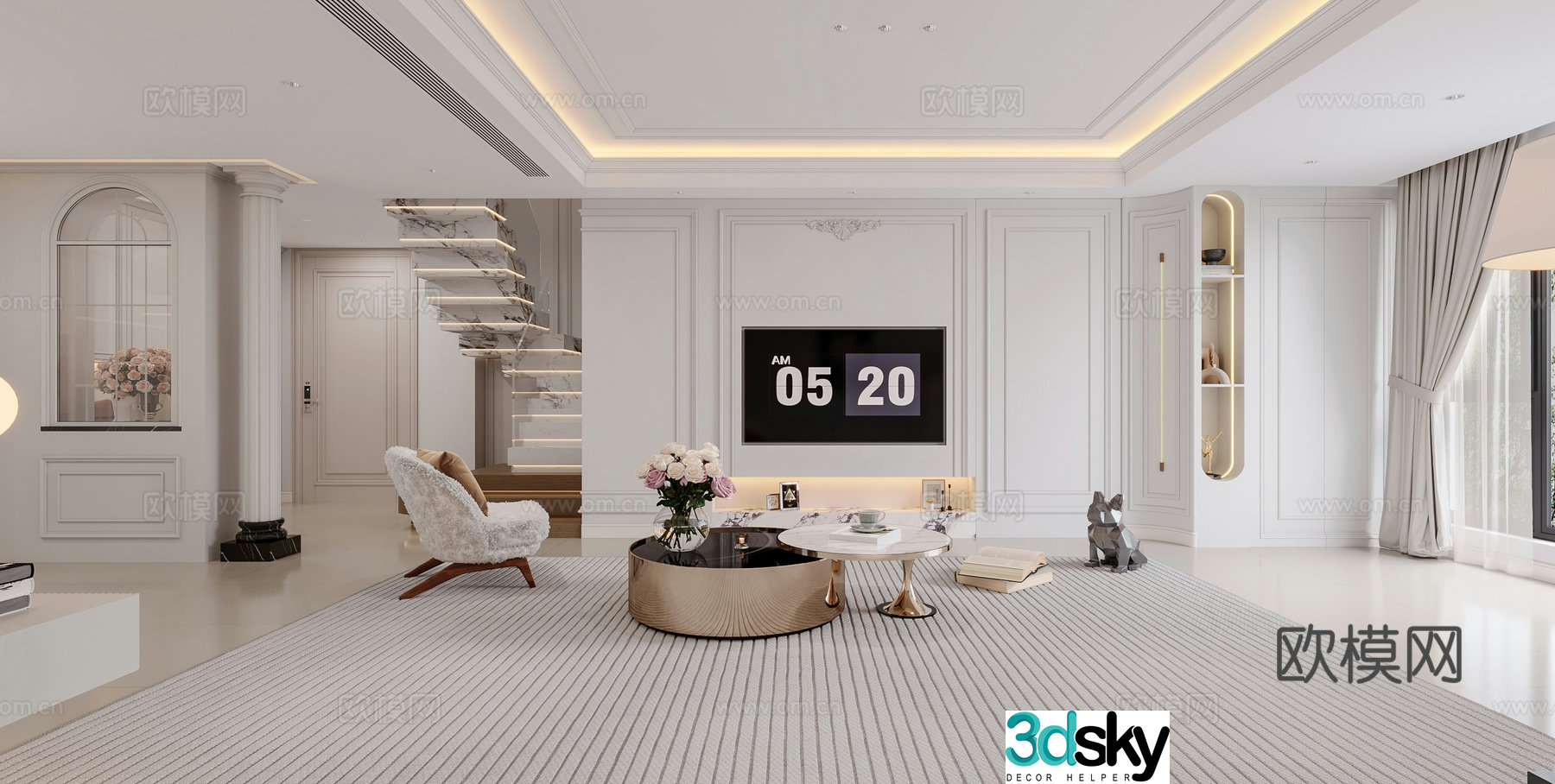 French living room TV background wall leisure chair coffee table light luxury modern living room staircase 3d model