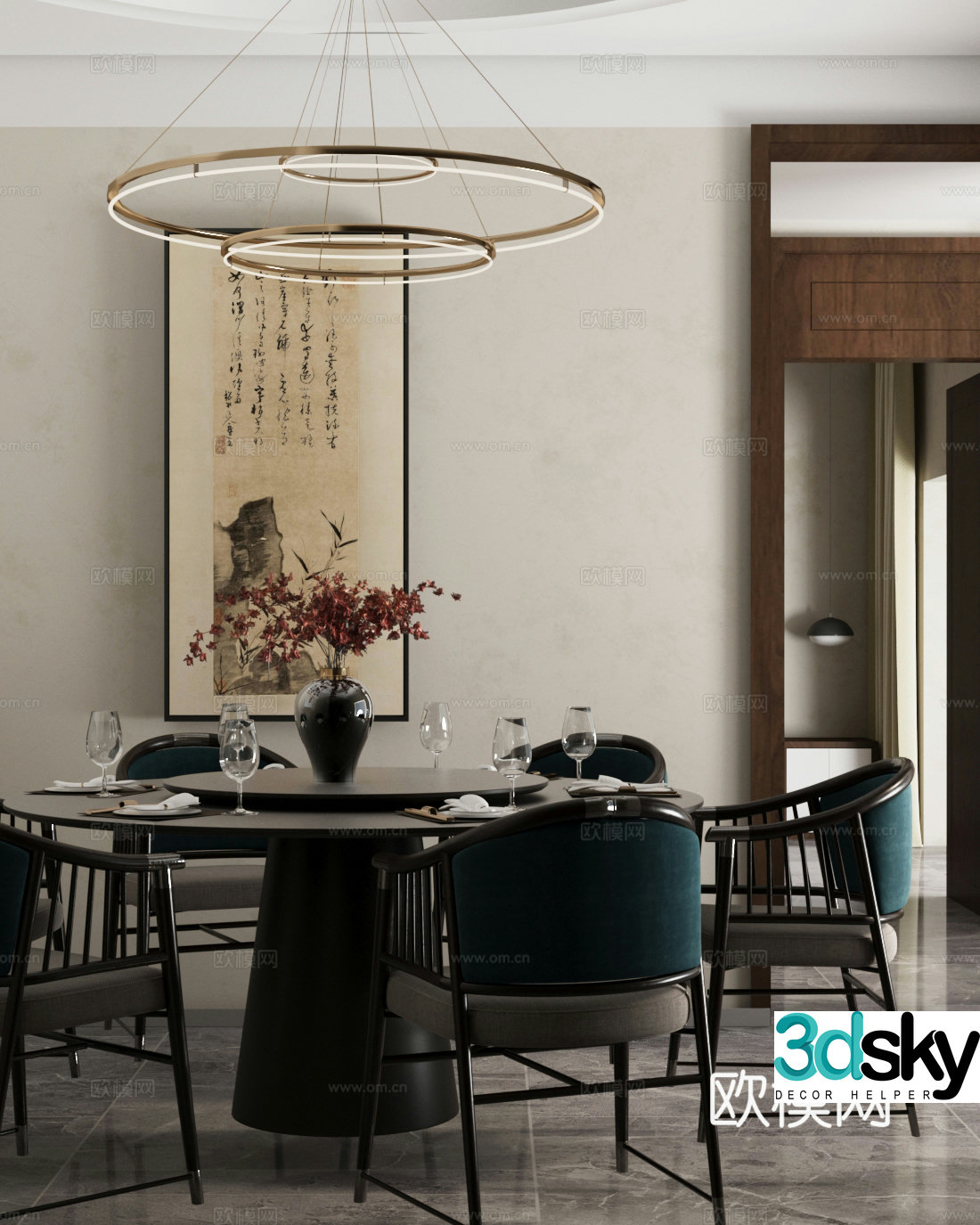 New Chinese restaurant private room private room dining table and chair combination chandelier 3d model