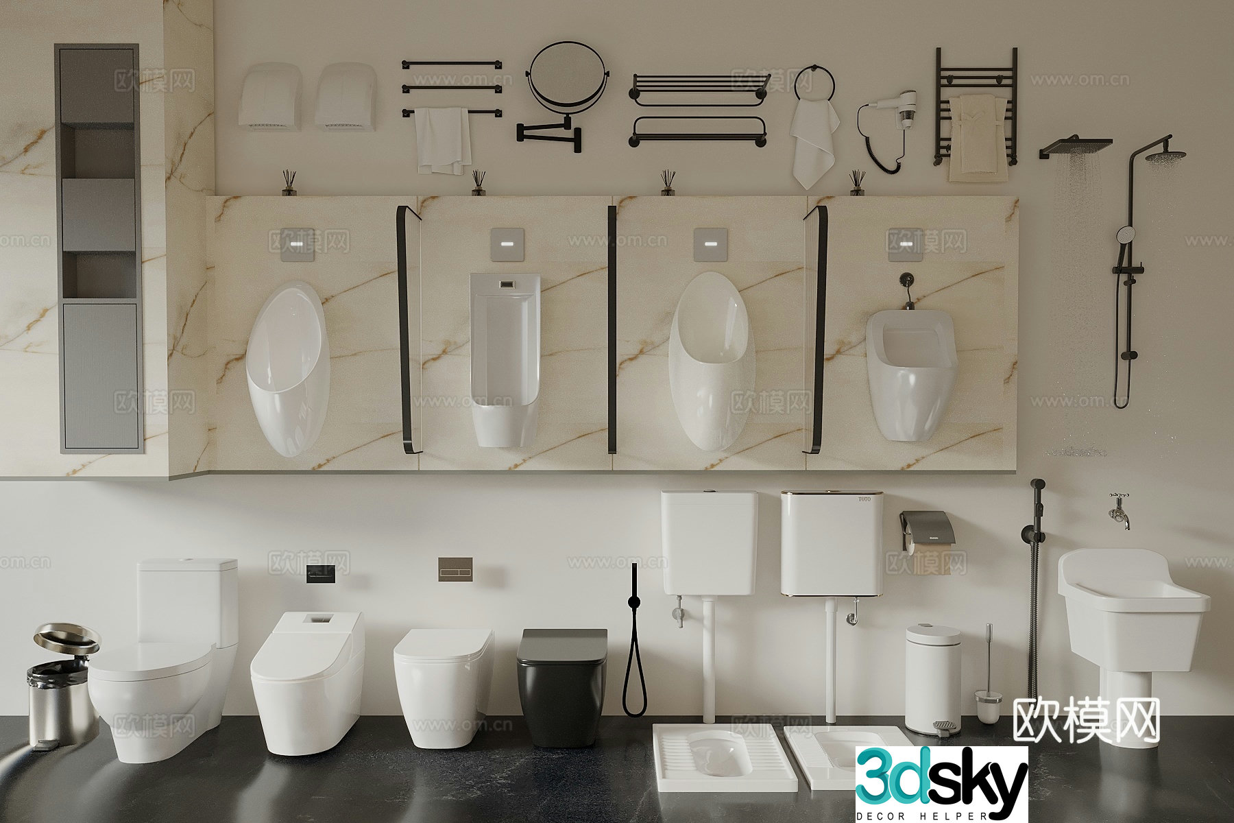 Modern style squat urinal toilet trash can paper roll towel rack bathroom supplies group 3D model