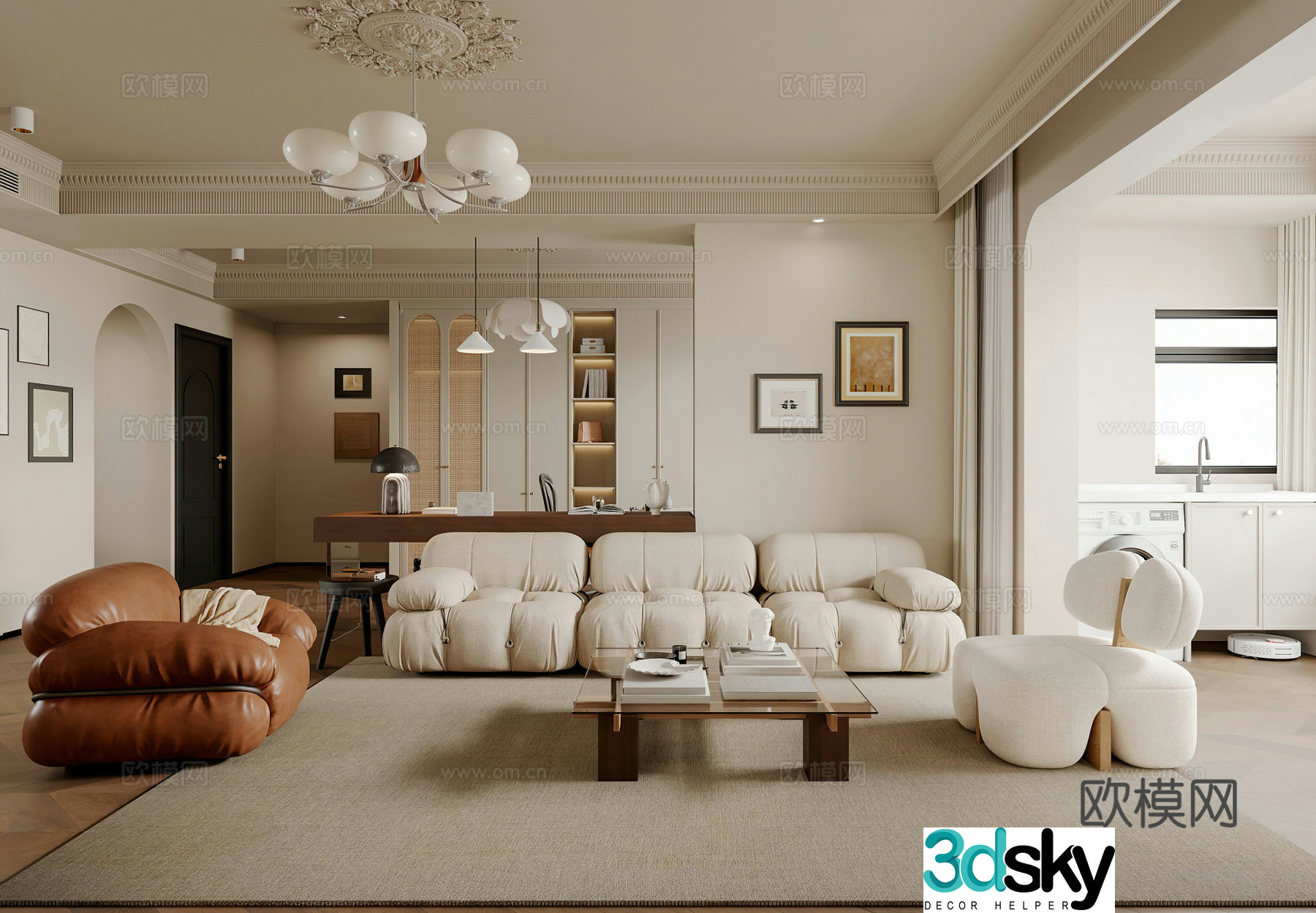 French living and dining room combination sofa leisure chair creamy living room medieval living room sweeper 3d model