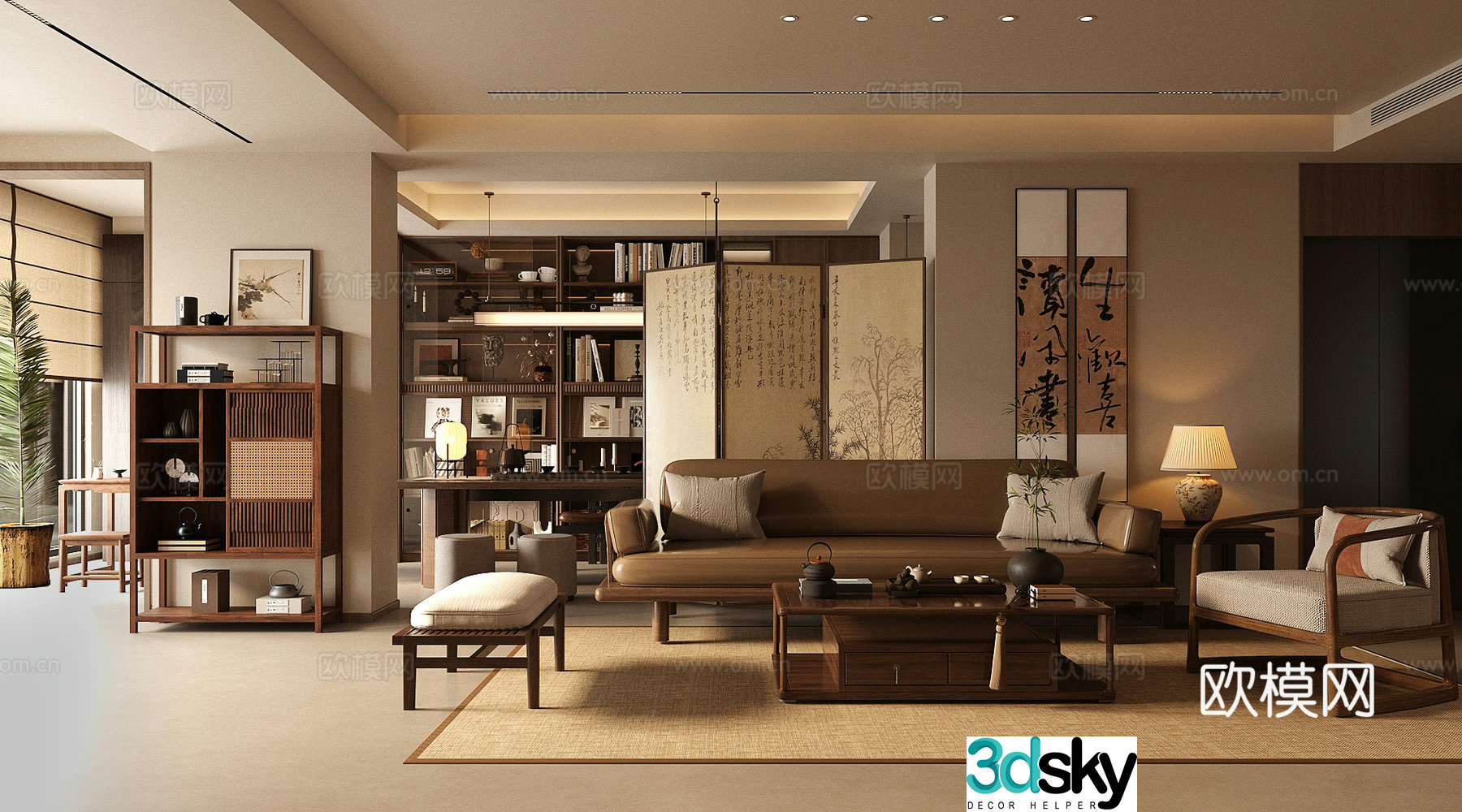 New Chinese-style Zen living room Chinese-style Song-style living room Sofa coffee table combination Song-style aesthetic living room 3D model