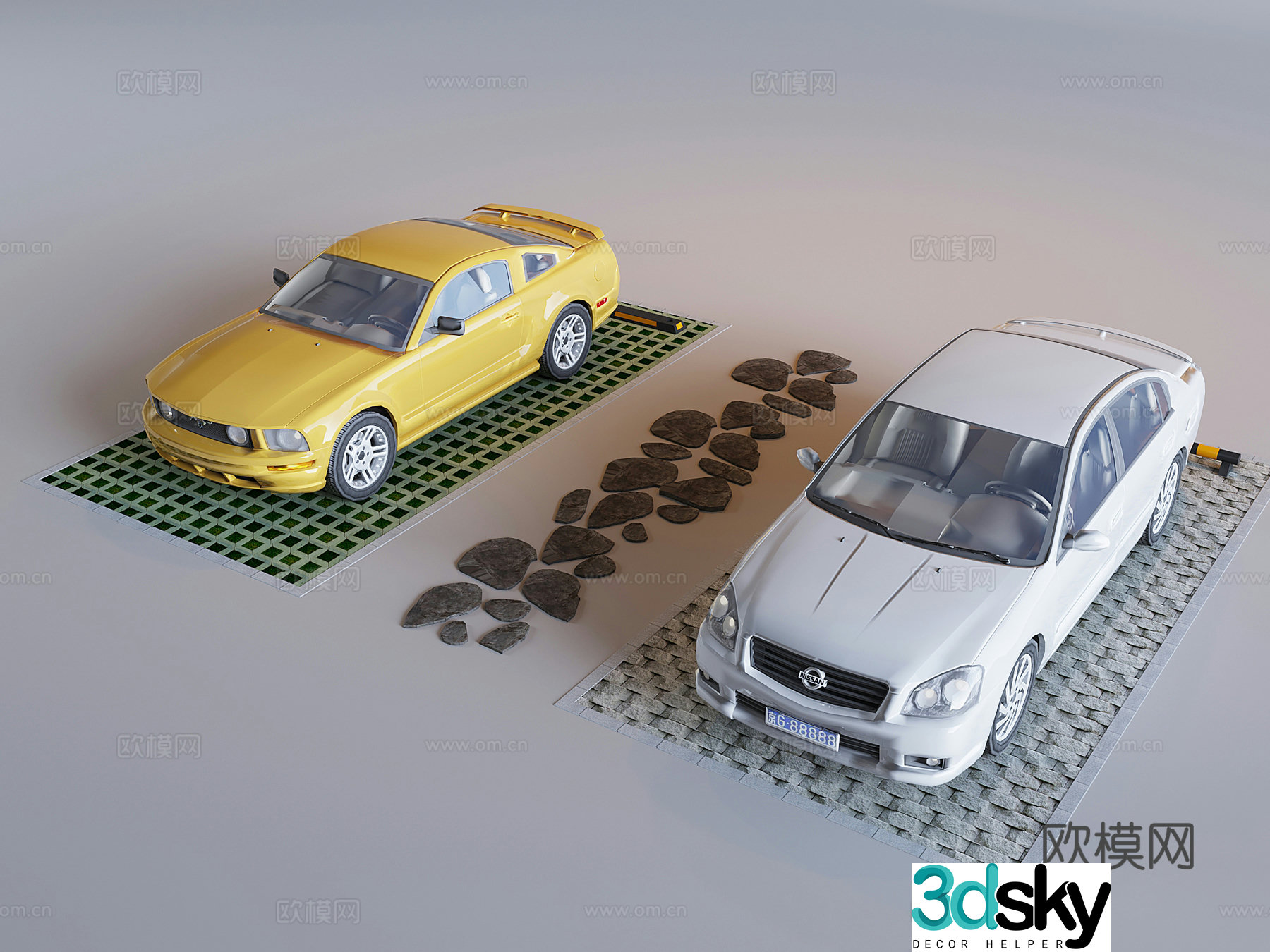 Outdoor public parking space grass-planted permeable brick parking space cement brick parking lot 3D model
