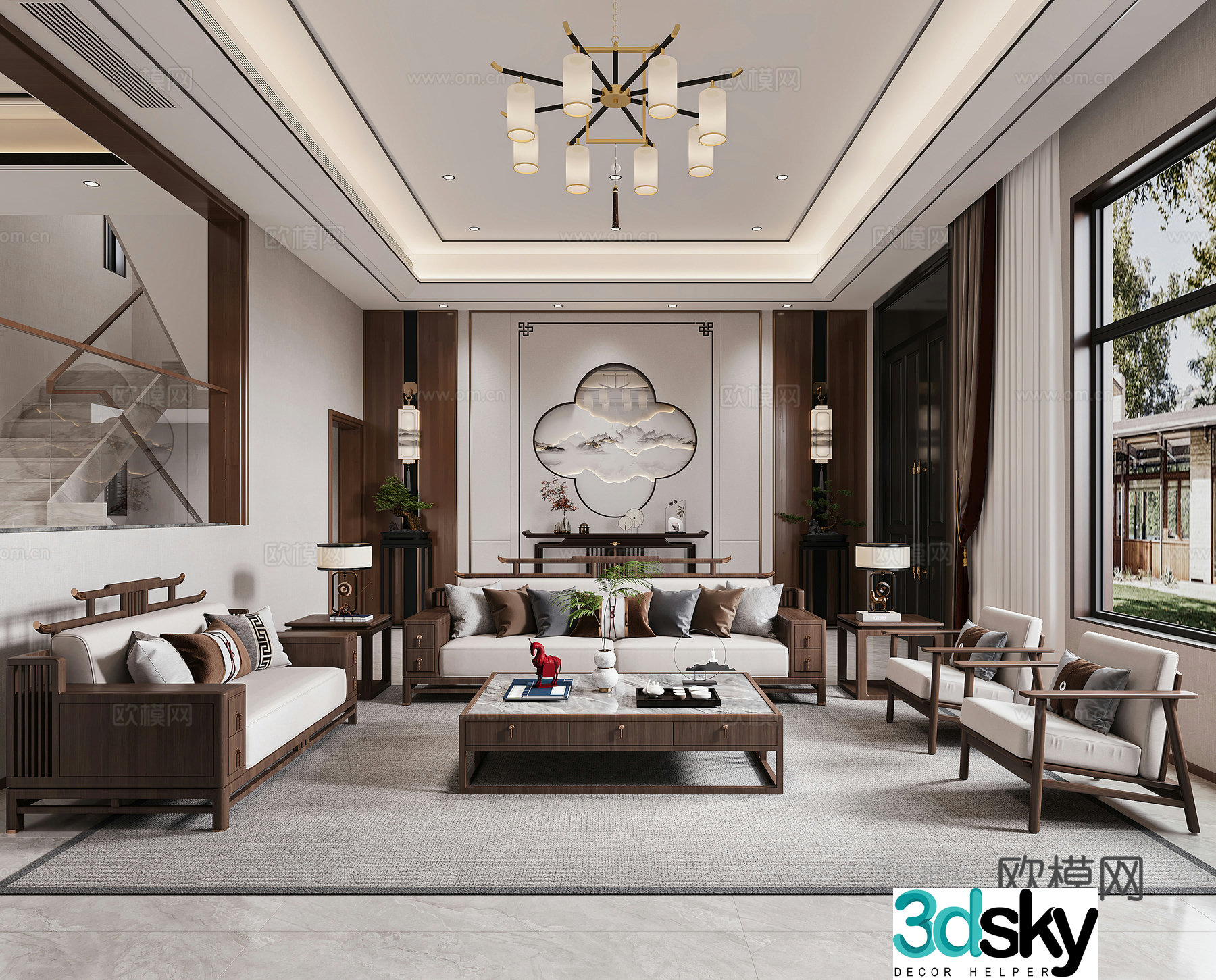 New Chinese living room combination sofa new Chinese living and dining room villa leisure chair chandeliers entrance 3D model