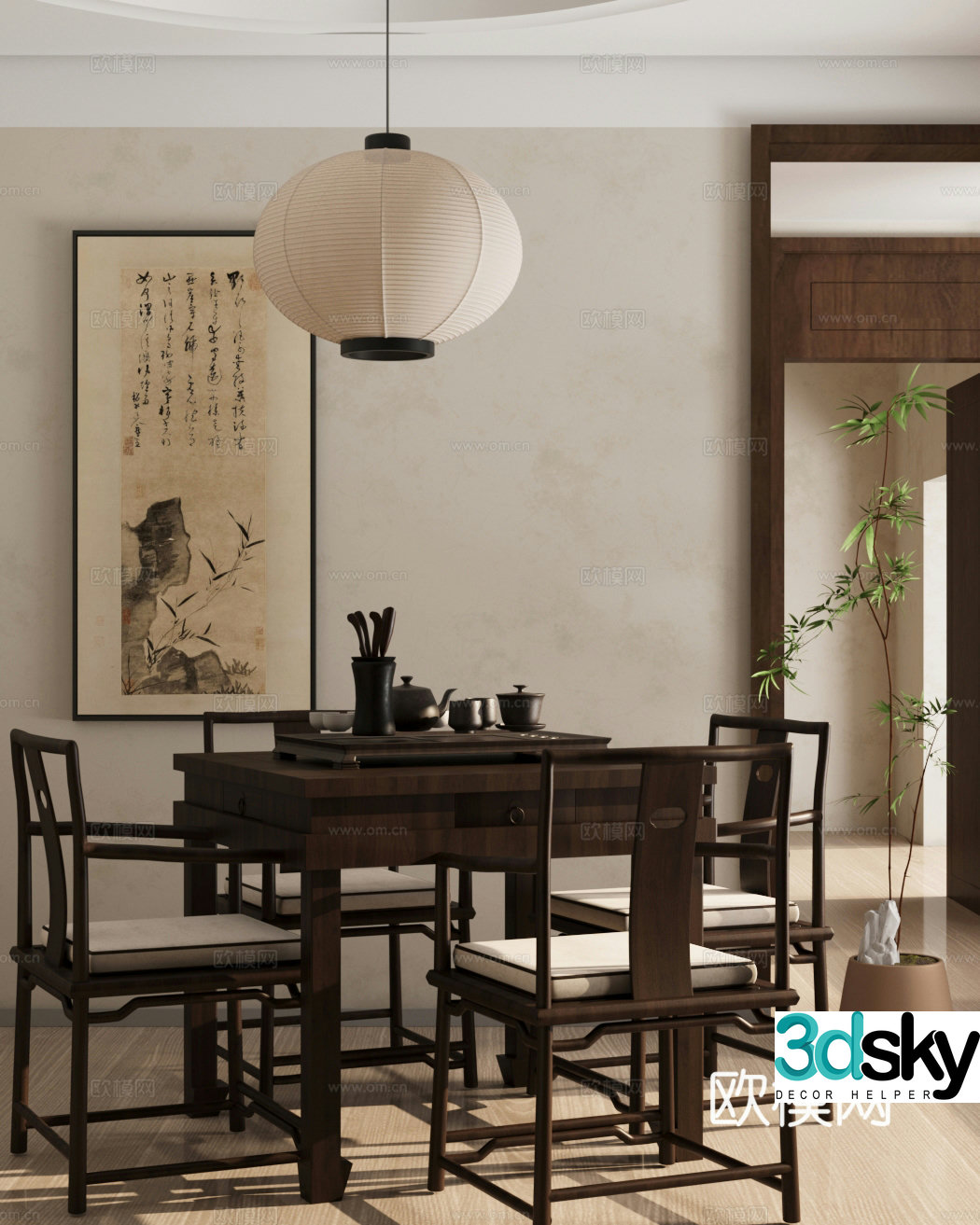 New Chinese-style tea table and chair chandelier hanging painting tea table and chair combination 3D model