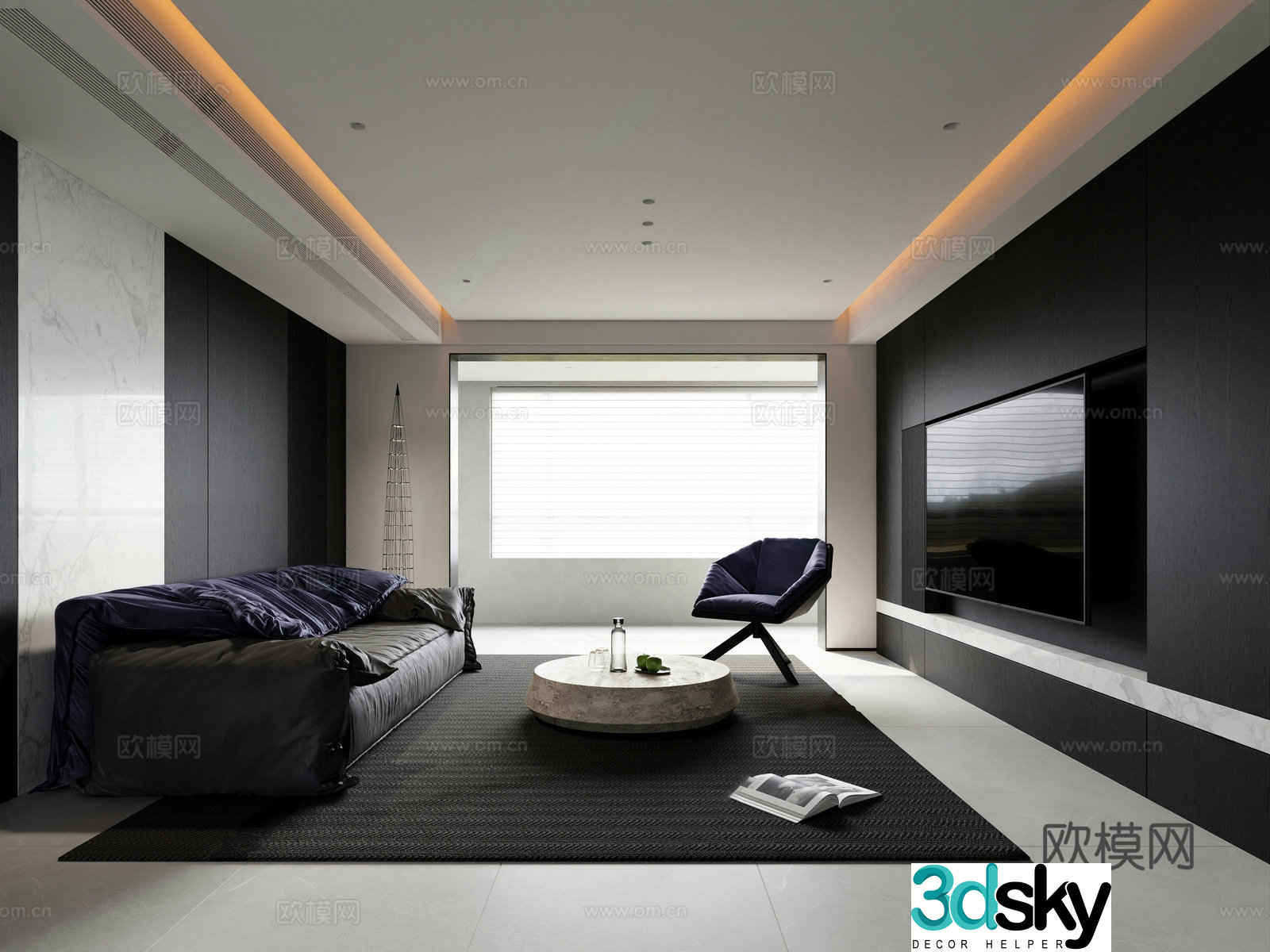Modern minimalist living room large flat floor living room villa living room horizontal living room high-end gray 3D model