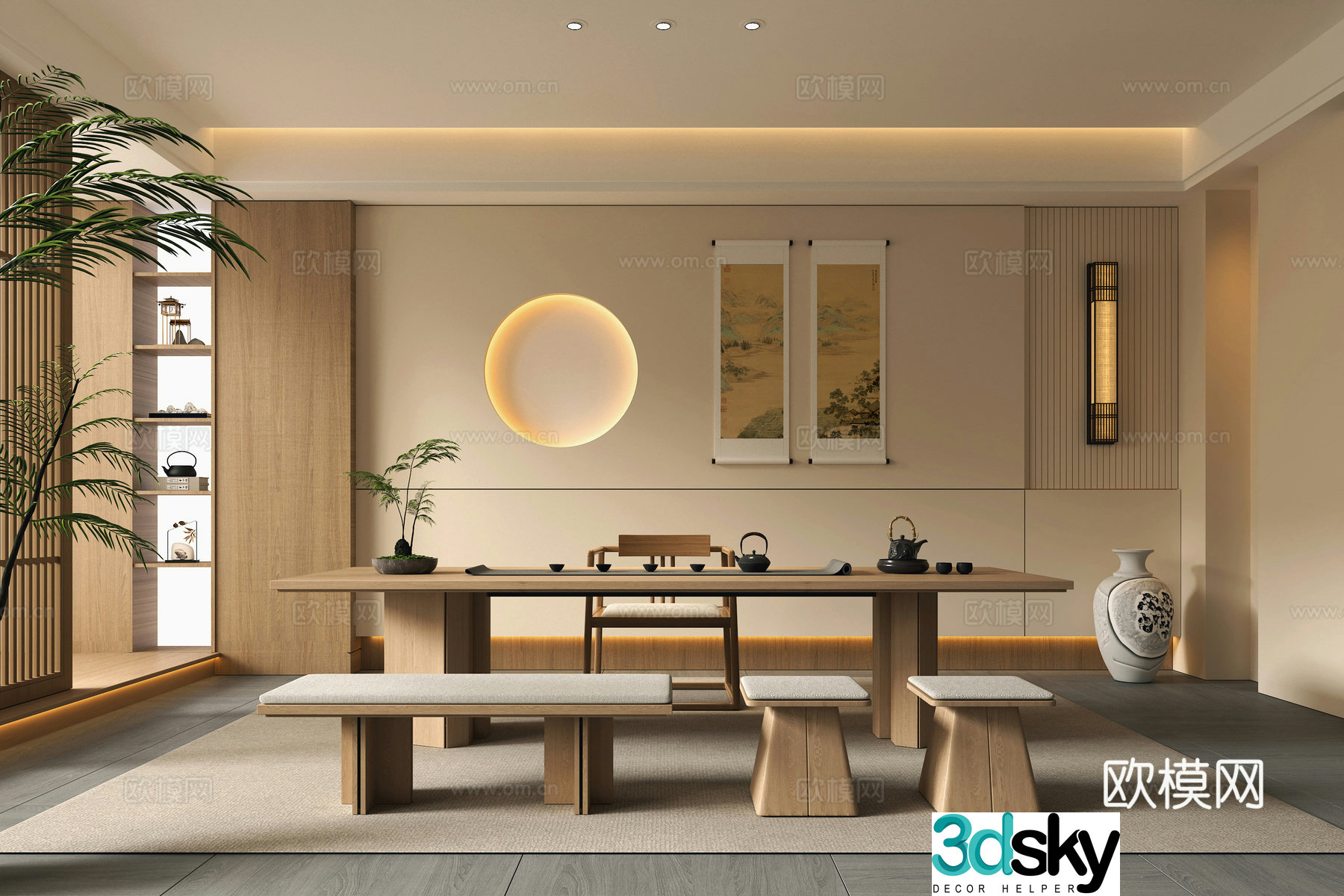 Song style aesthetic tea room background wall tea table and chair 3d model