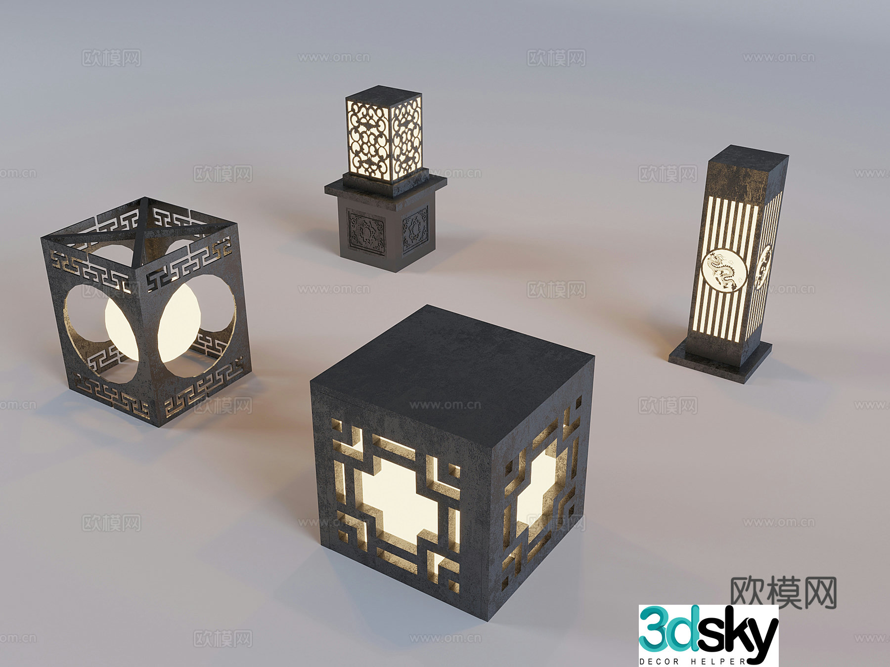 Outdoor courtyard landscape lights New Chinese style lawn lights Grass lamp lamp post light box 3D model