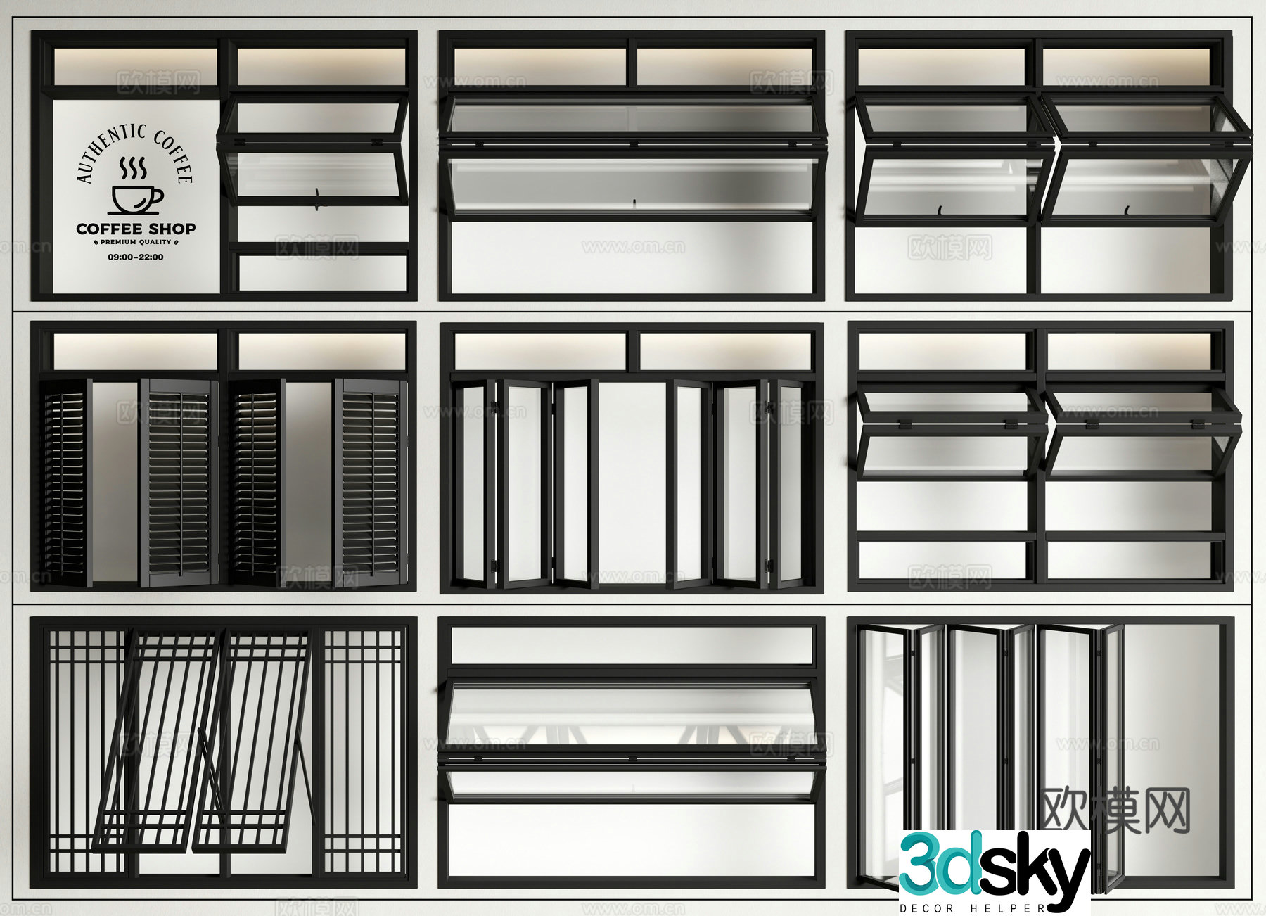 Modern folding windows Folding window combinations Up and down folding windows Cafe sliding windows Louvre 3D model