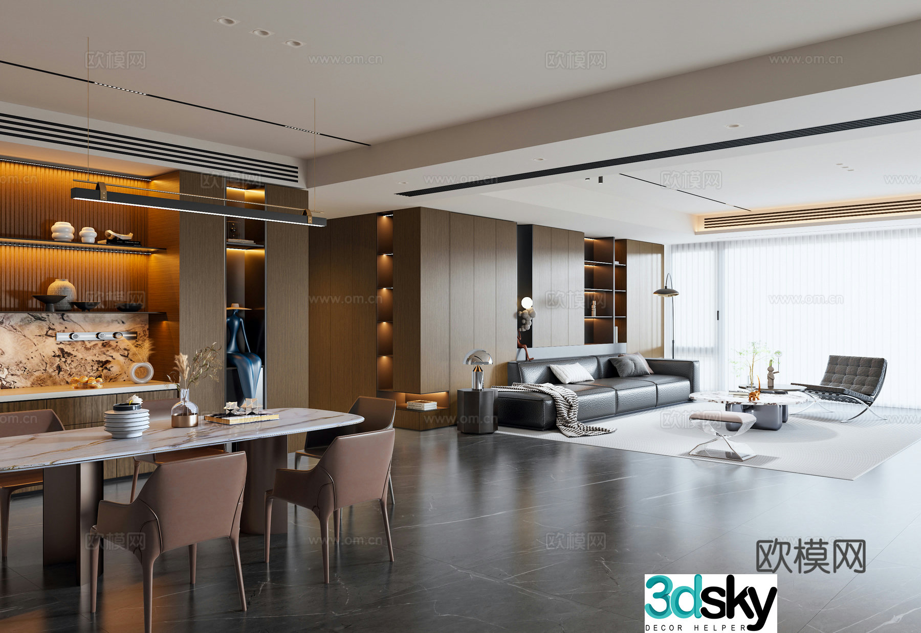 Modern Italian dining room sofa background wall sofa coffee table combination dining table chair sideboard 3D model