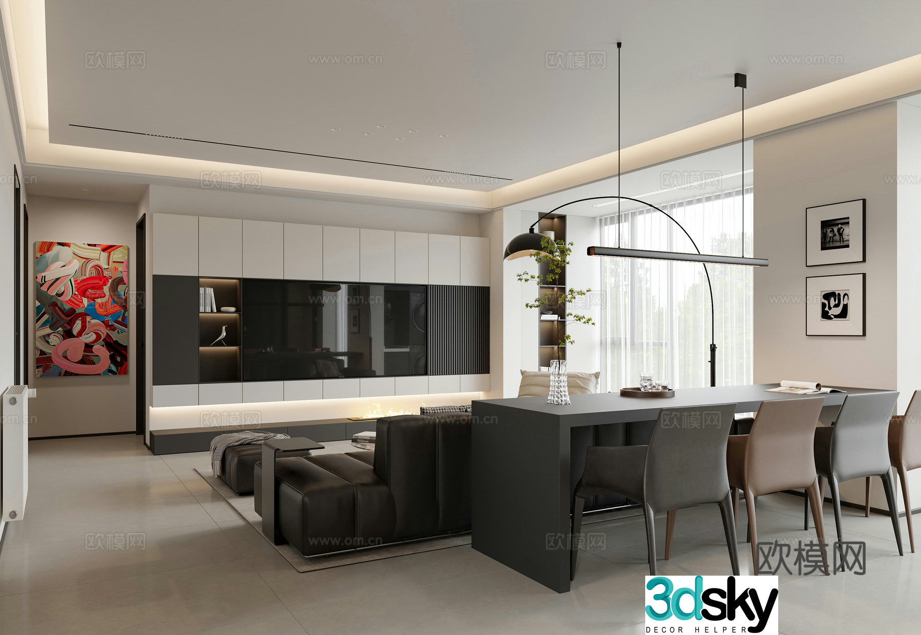 Modern living and dining room 3d model