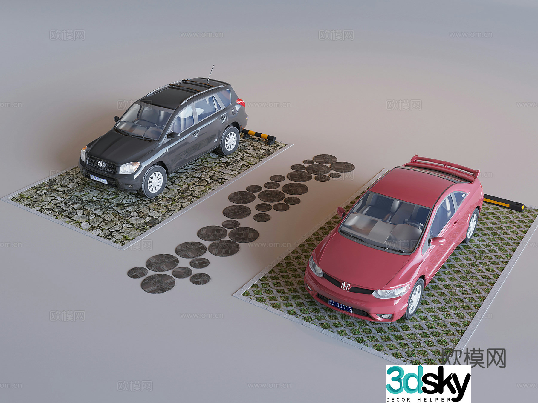 Outdoor public parking space grass-planted permeable brick parking space car motor vehicle 3D model