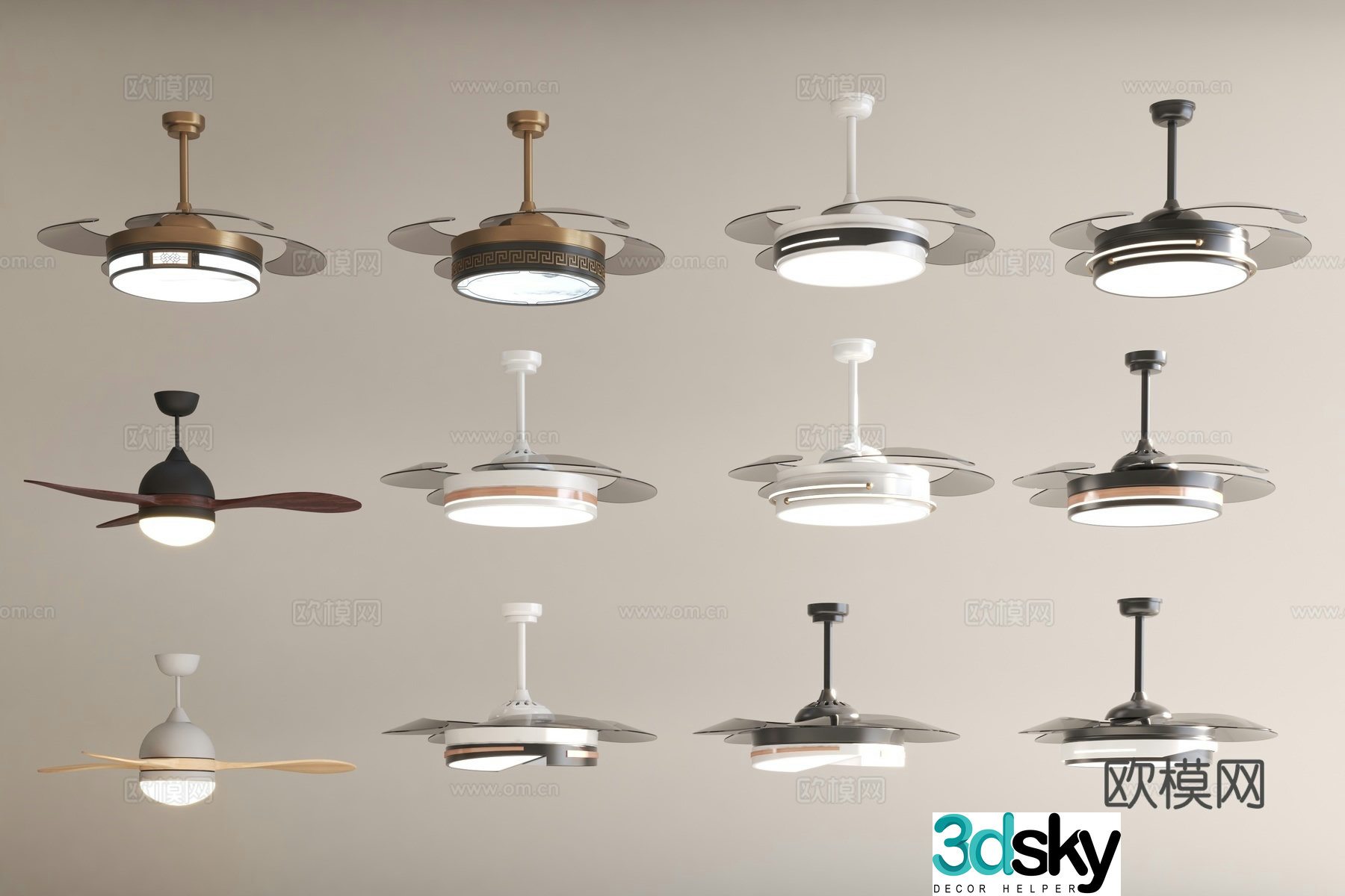 Fan lights new style creamy style log style living room and dining room fan lights lamps integrated hanging 3D model
