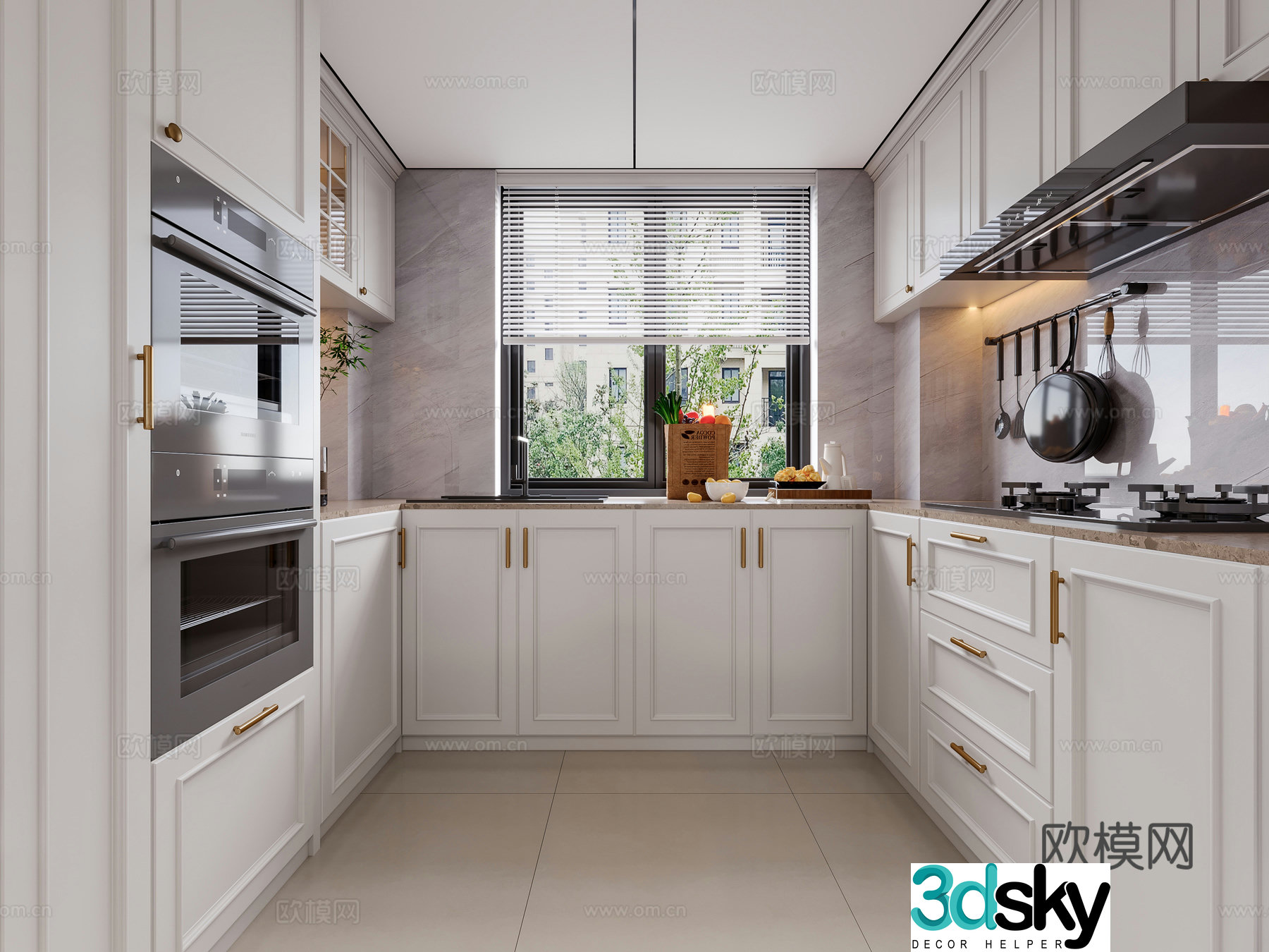 Light French U-shaped kitchen 3d model