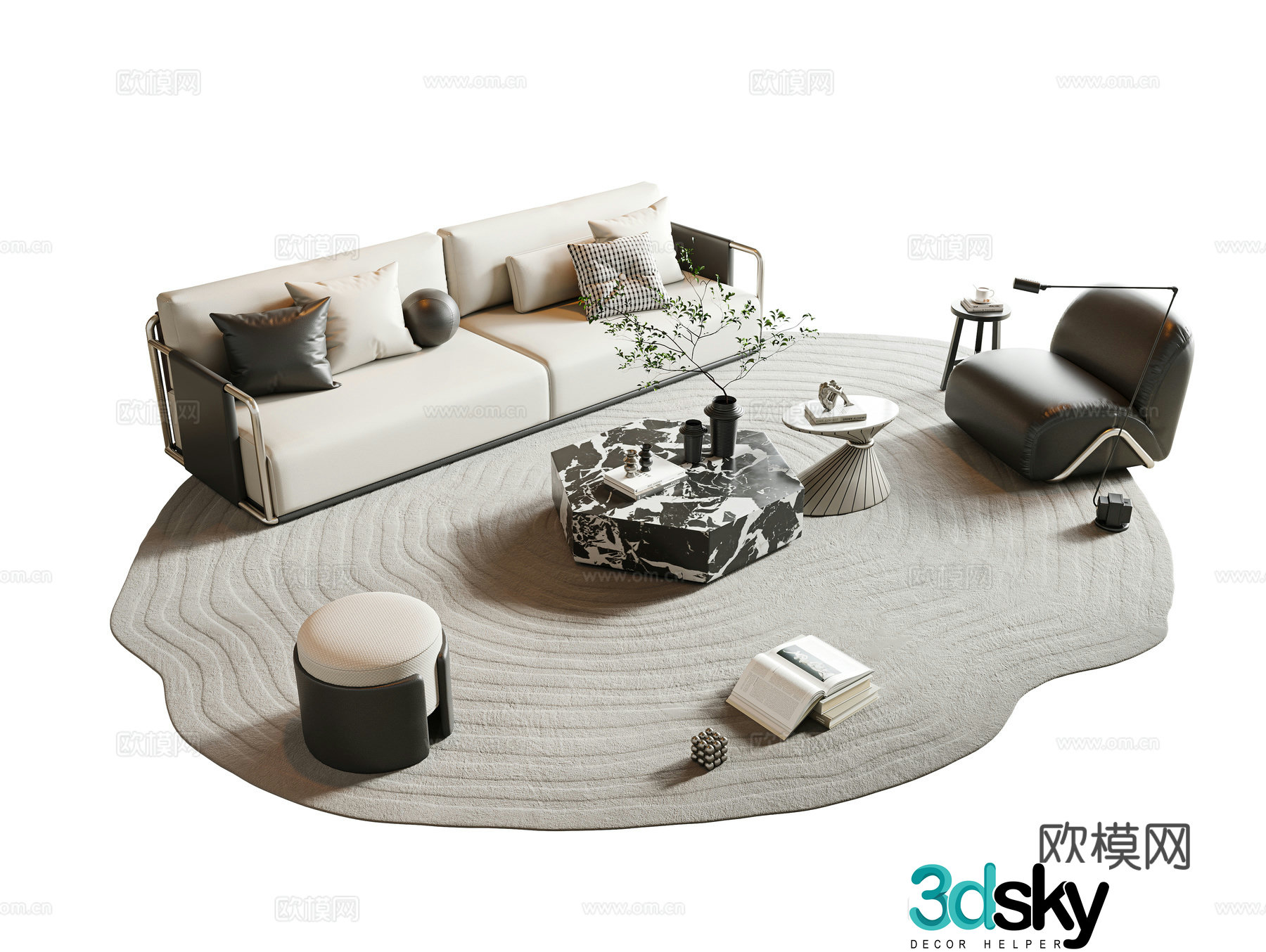 Italian minimalist sofa coffee table combination beige sofa multi-person sofa leather sofa combination sofa 3D model