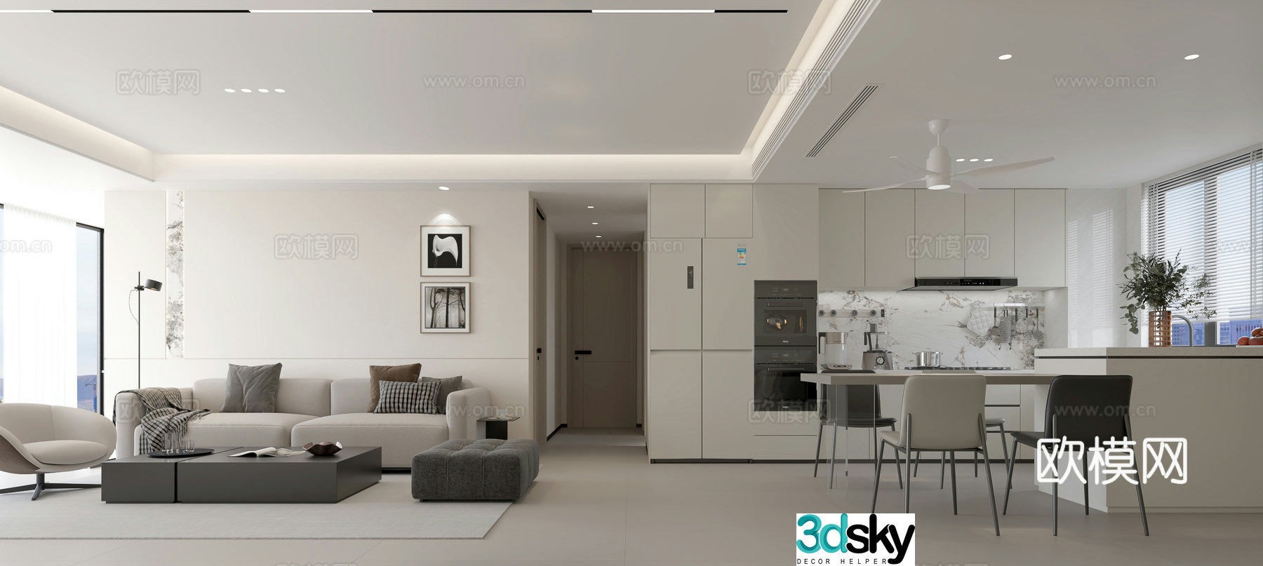 Modern minimalist living and dining room 3D model