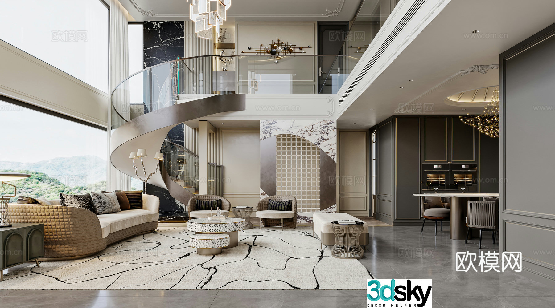 French empty living room sofa combination spiral stairs French villa living room 3D model