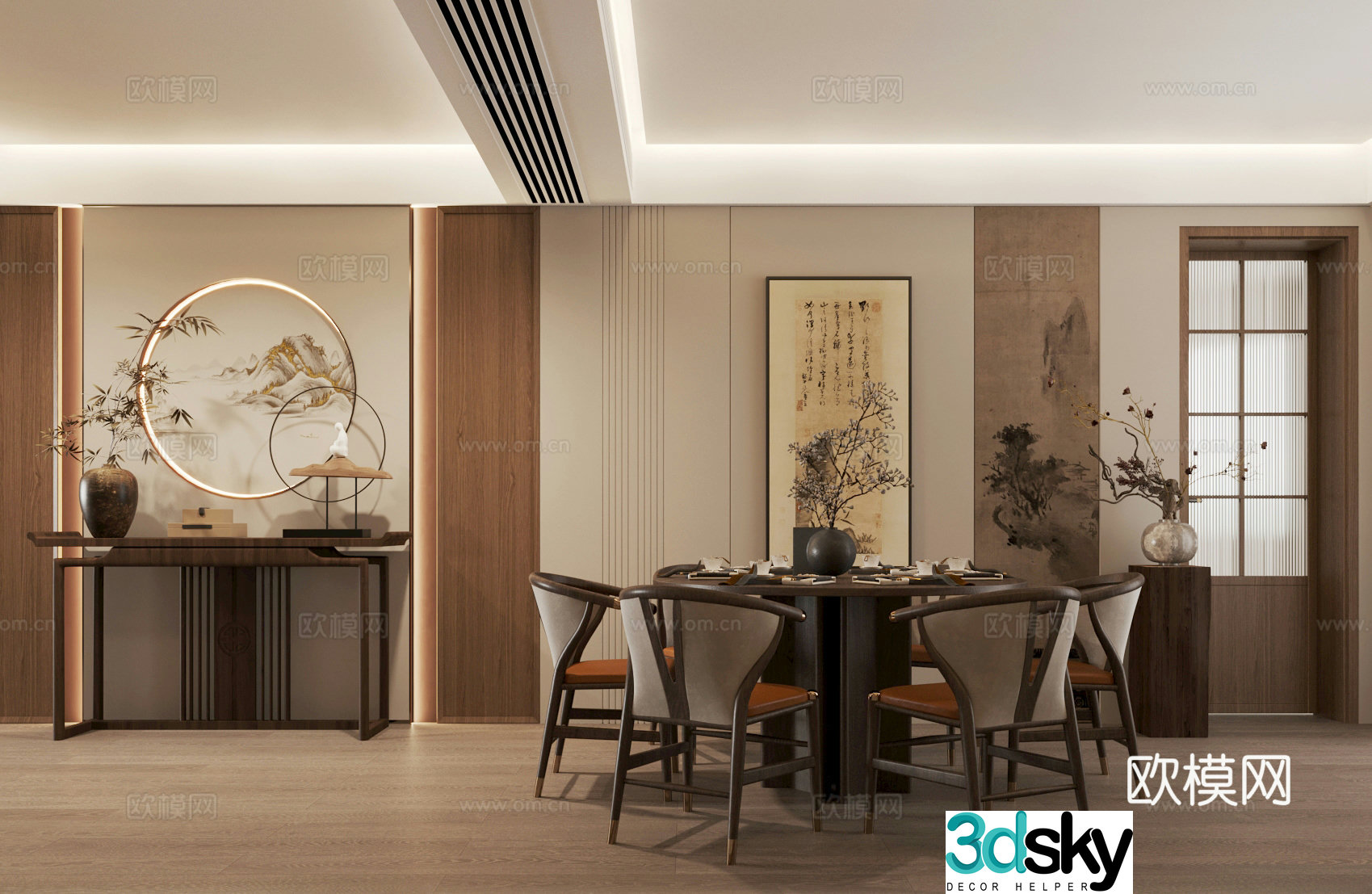New Chinese style home restaurant round dining table strip table dining table chair combination 3D model