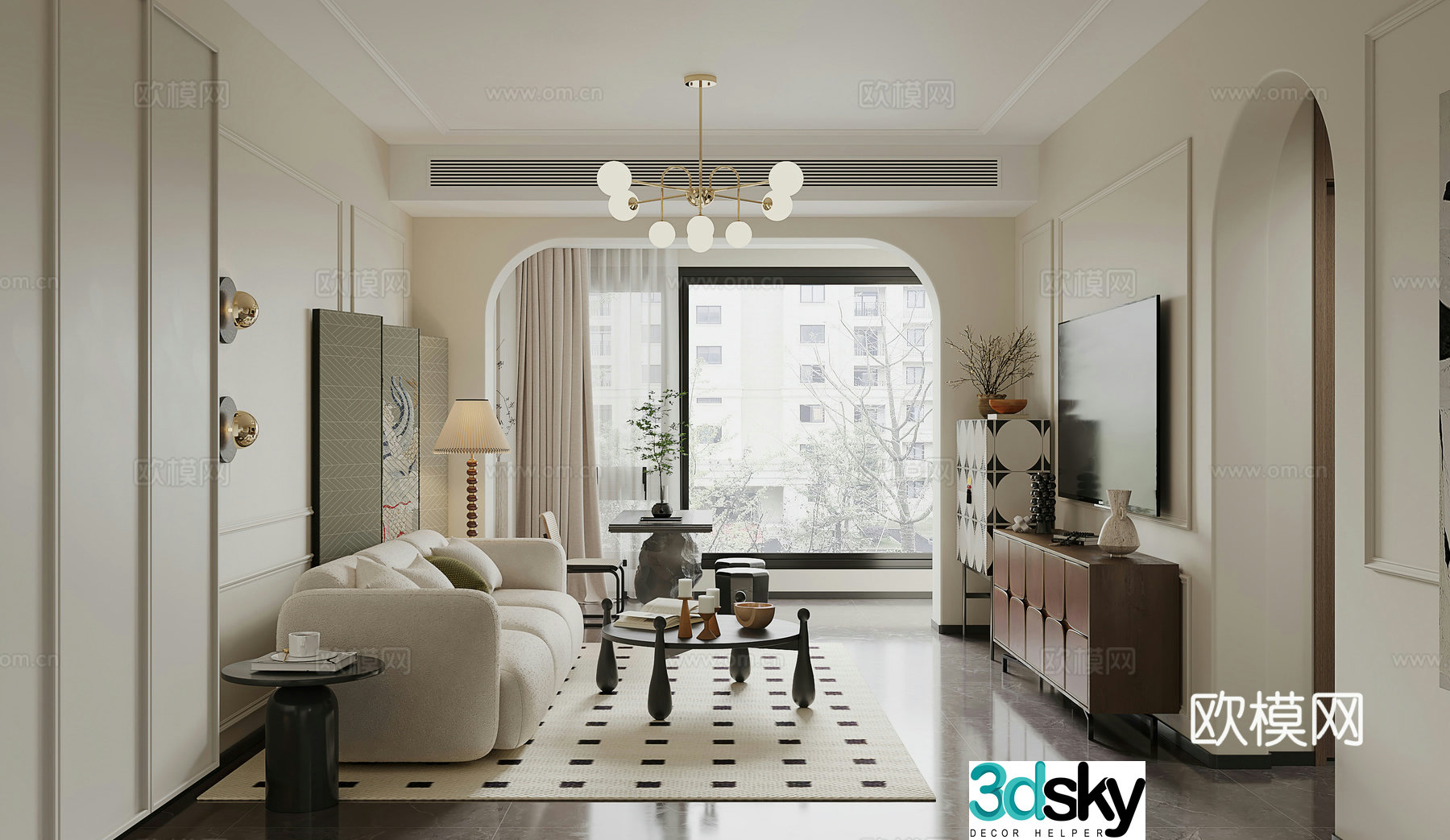 French living room medieval style living room TV cabinet retro combination sofa screen modern living room 3d model