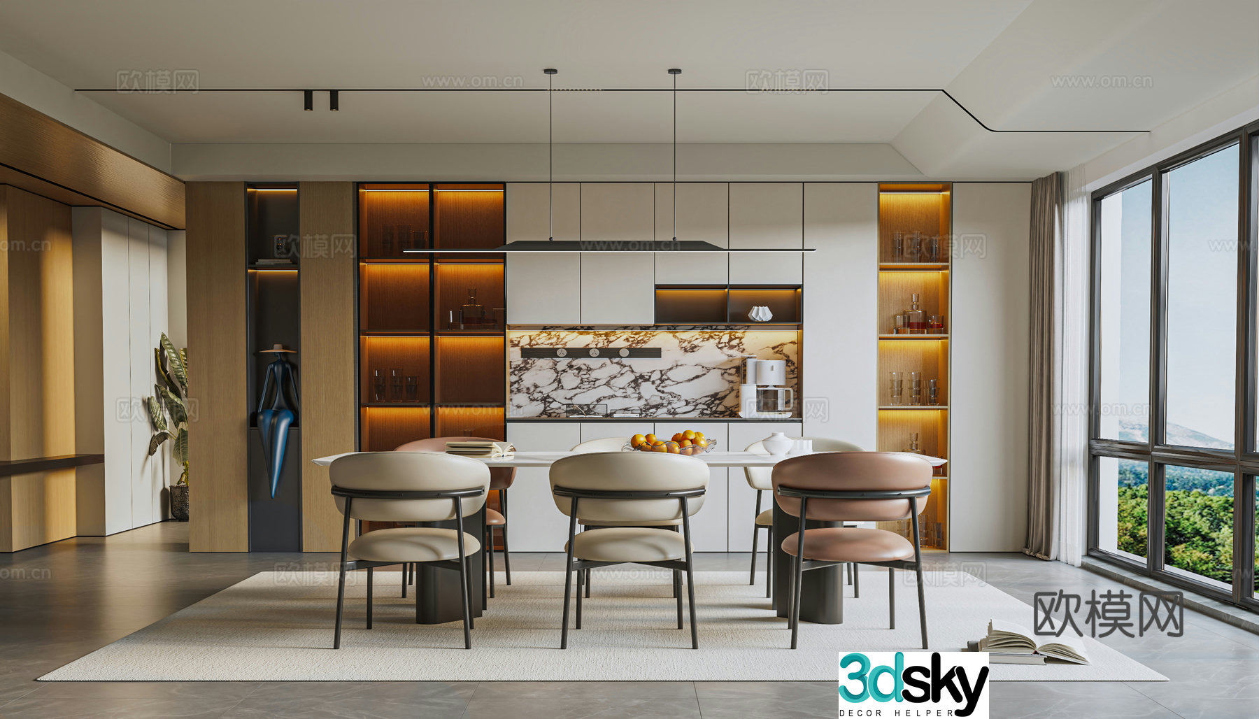 Modern Italian restaurant sideboard dining table and chair combination chandelier 3d model