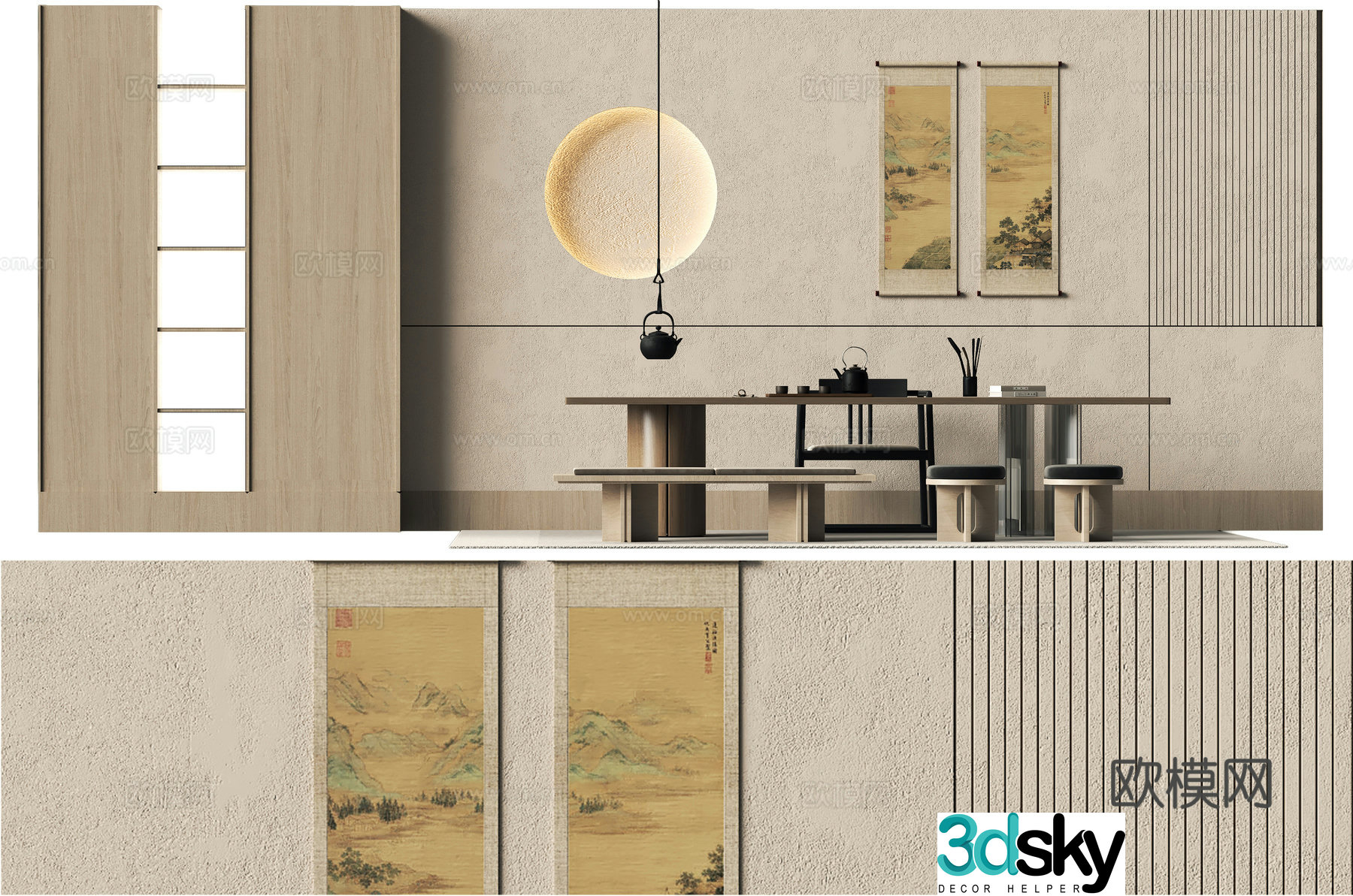 Song style aesthetic tea room background wall tea table and chair 3d model