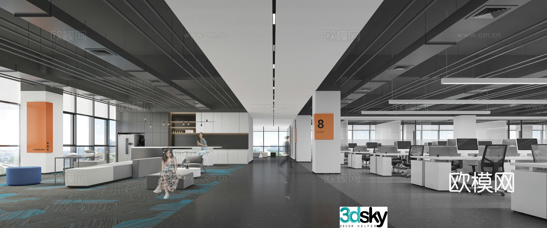 Modern open office area elevator hall 3d model