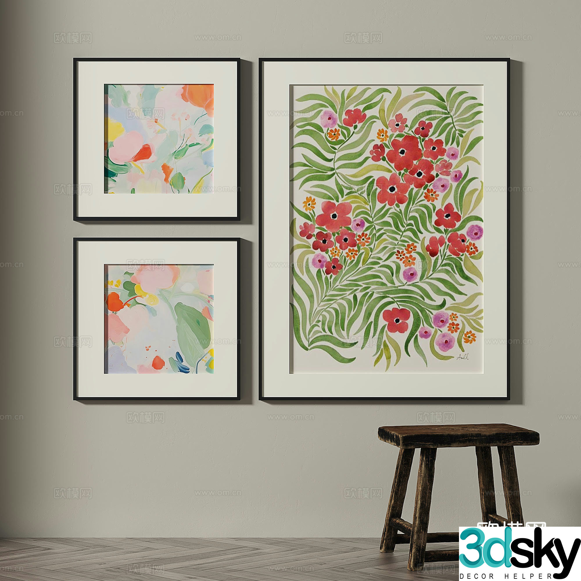 Retro medieval simple abstract light luxury wasabi decorative painting 3d model