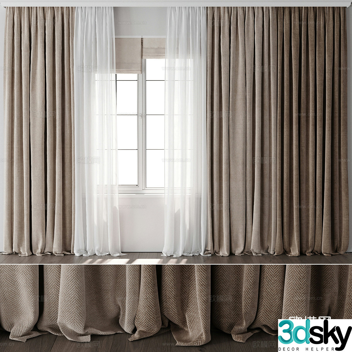 New Chinese style fabric curtain gauze curtain Roman curtain 3D model
