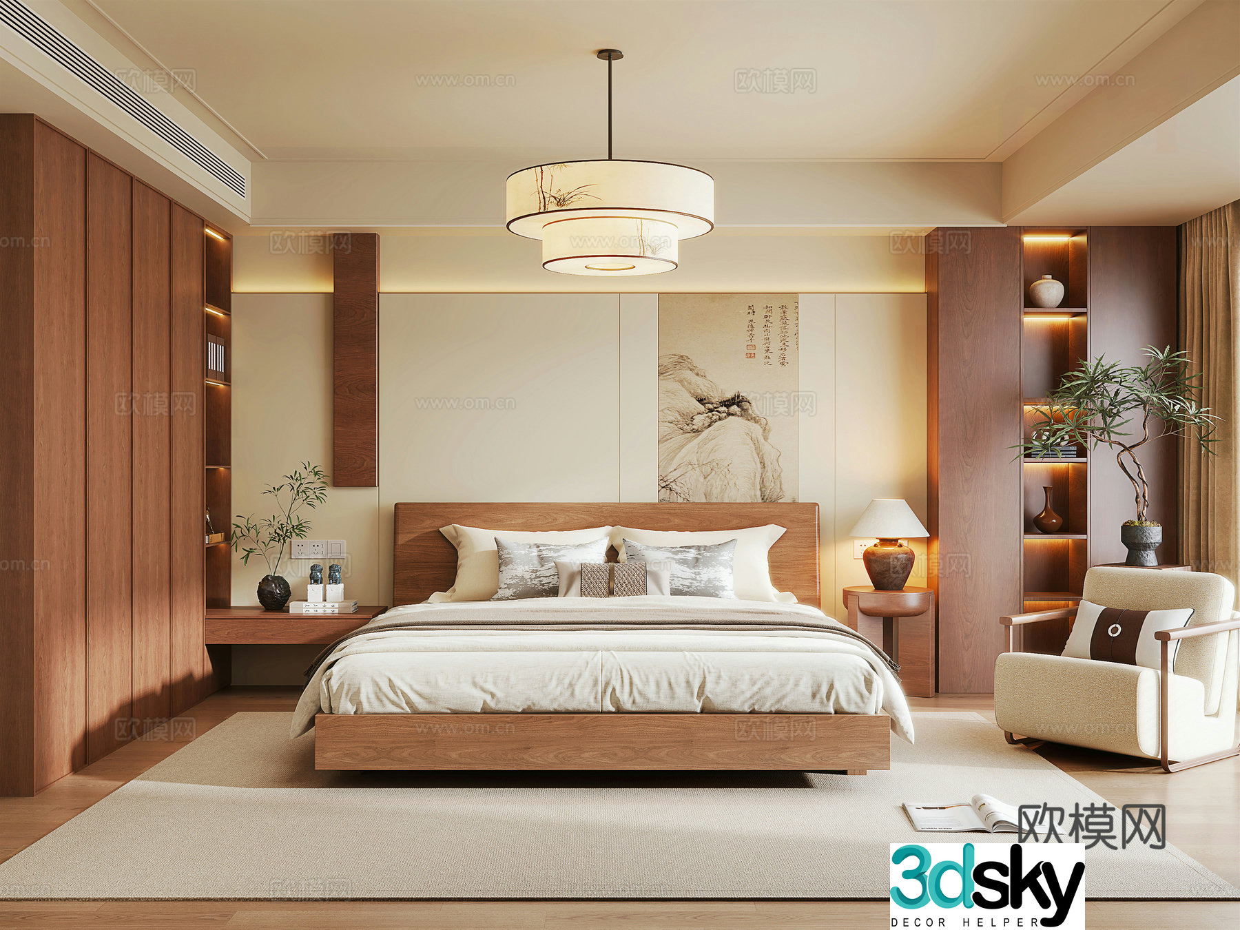 New Chinese style master bedroom New Chinese style double bed Wardrobe New Chinese style bedroom chandeliers Bedside background 3D model