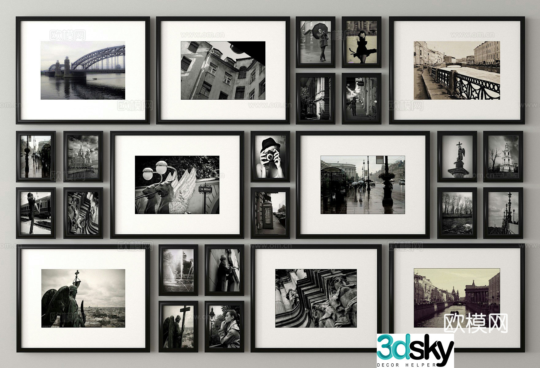Black and white old photos decorative paintings photo wall photo frame 3d model