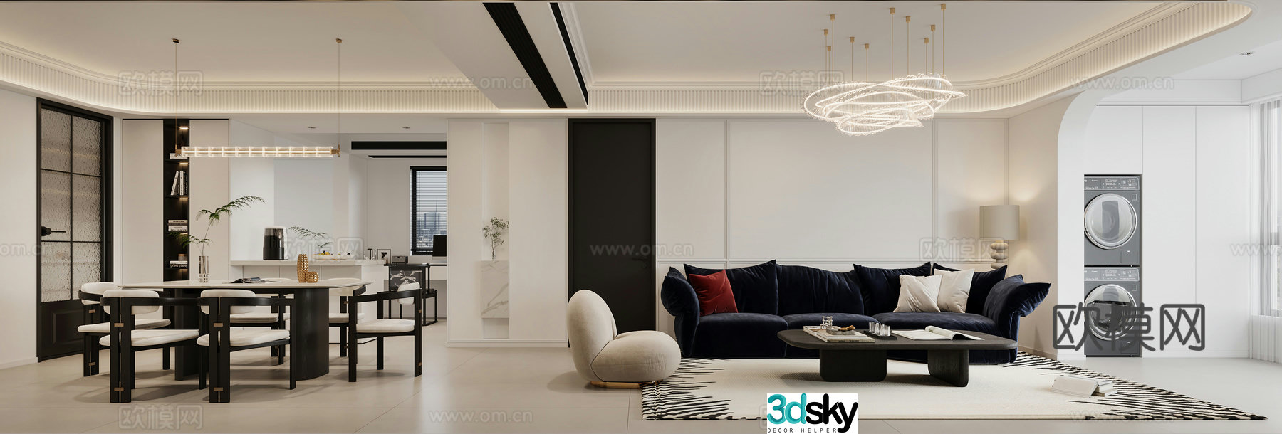 Modern living and dining room 3d model
