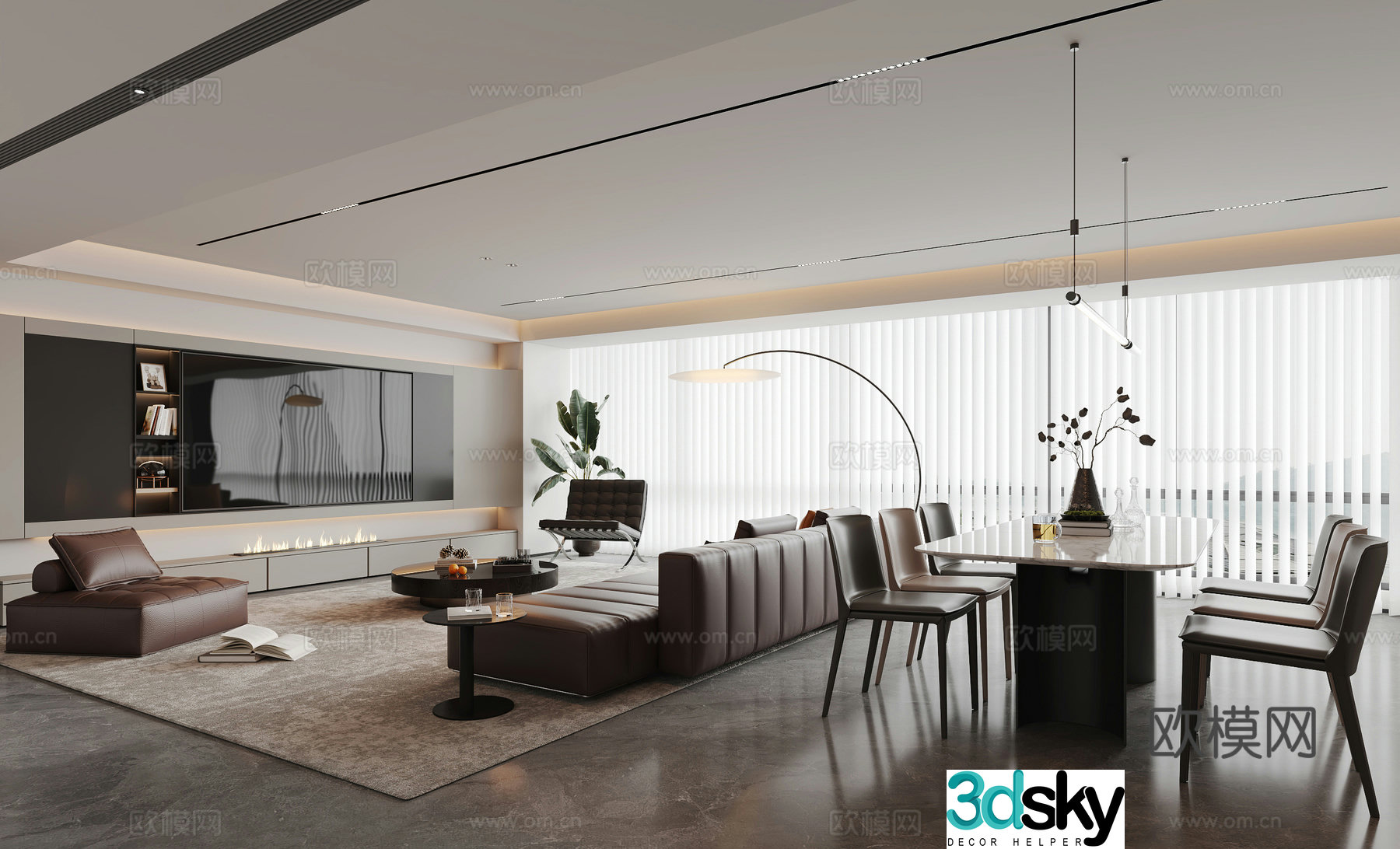 Italian restaurant sofa coffee table combination dining table combination chandelier TV background wall curtain 3d model