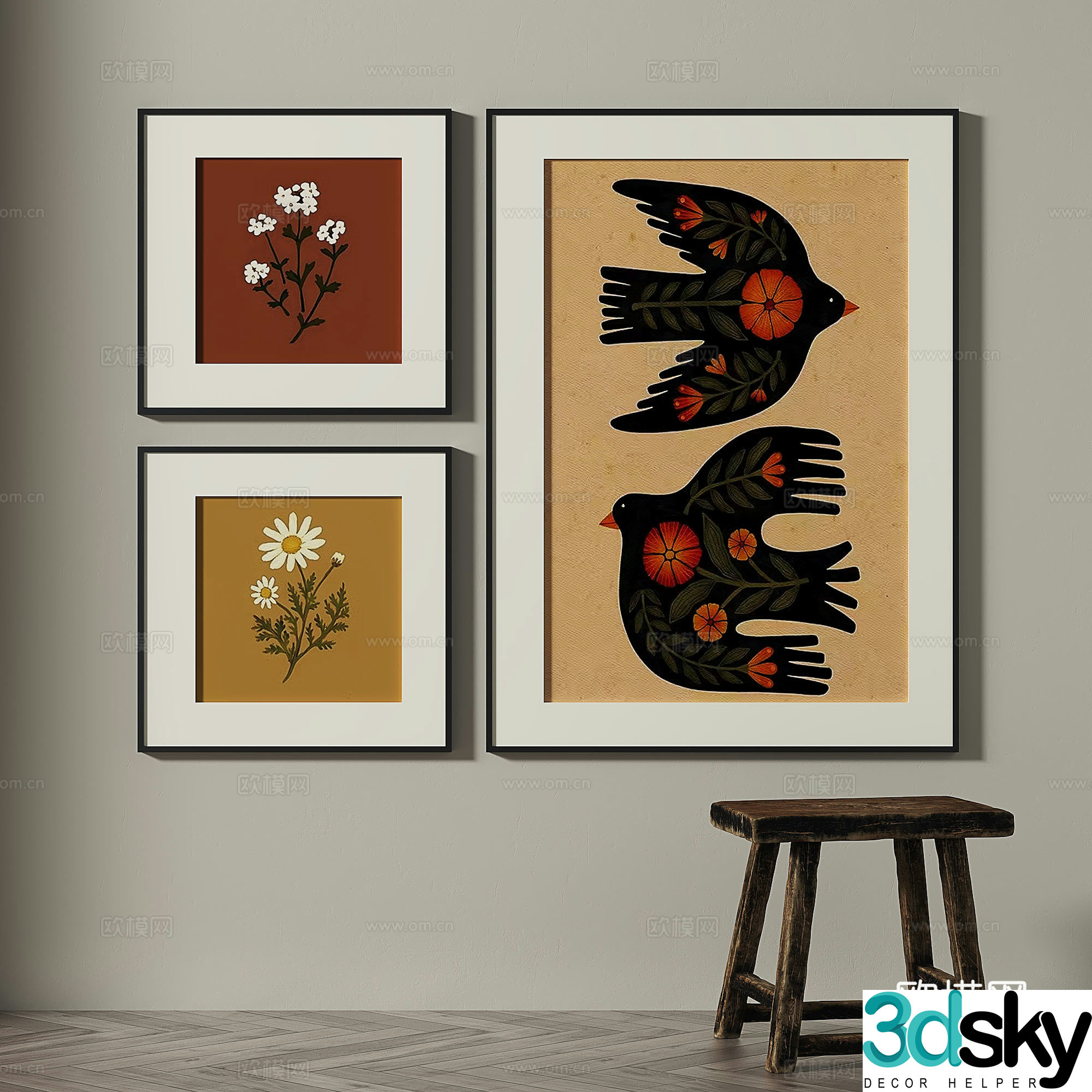 Retro medieval simple abstract light luxury wasabi decorative painting 3d model