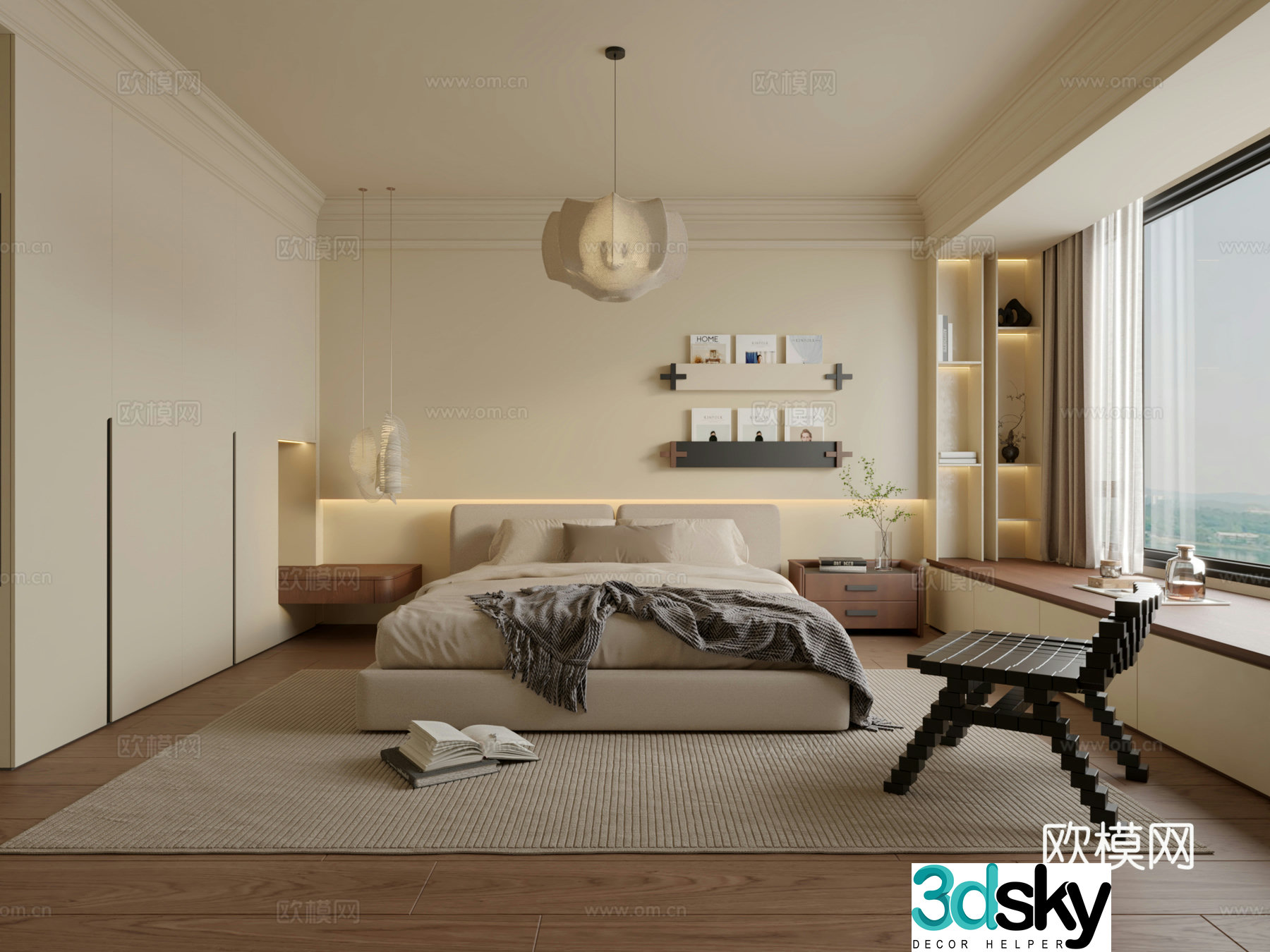 Minimalist cream style retro bedroom 3d model