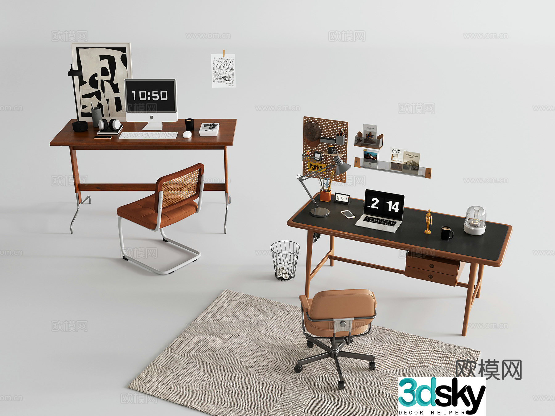 Modern study table combination study chair single chair computer accessories study table 3d model